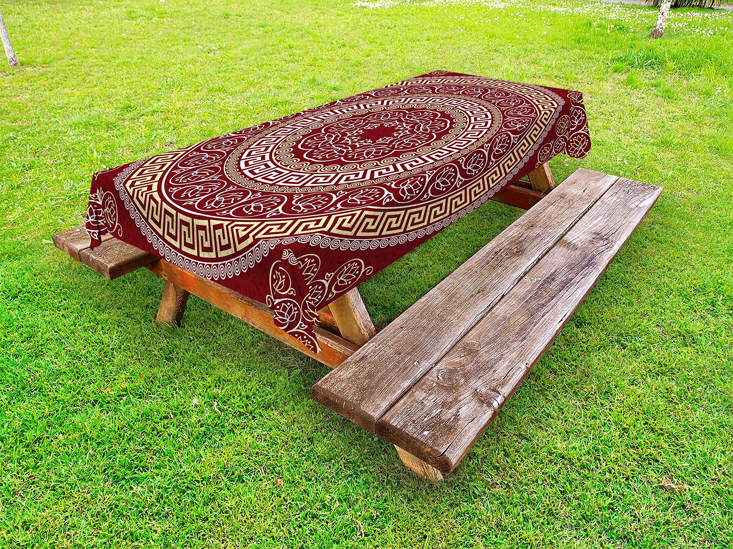 Ambesonne Bohemian Outdoor Tablecloth - Round & Square Mandala Floral Print Washable Picnic Table Cover, 58