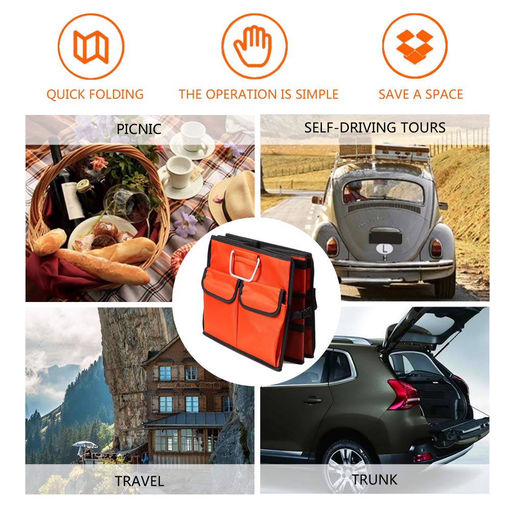 Collapsible Car Trunk Organizer with Non-Slip Straps - Large Multi-Compartment Storage for SUV, Truck, Minivan (Orange, Coverless) - Perfect for Road Trips, Grocery Shopping & Sports Equipment Storage