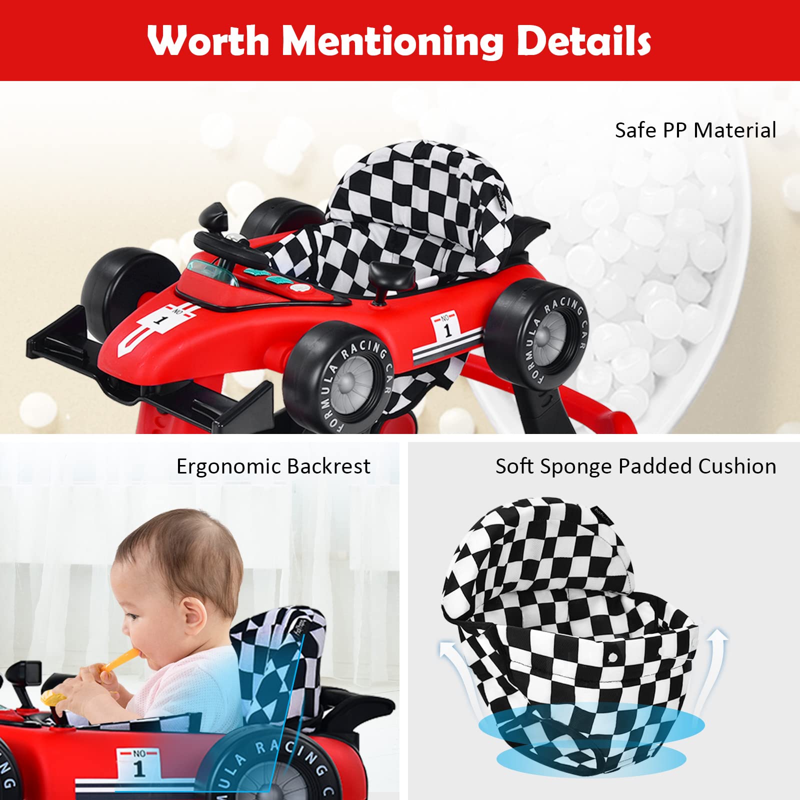 HONEY JOY 4-in-1 Baby Activity Walker with Adjustable Height & Speed - Foldable Push Walker with Music, Lights & Padded Seat for Infants 6-18 Months - Perfect for Learning to Walk & Indoor Play (Red)