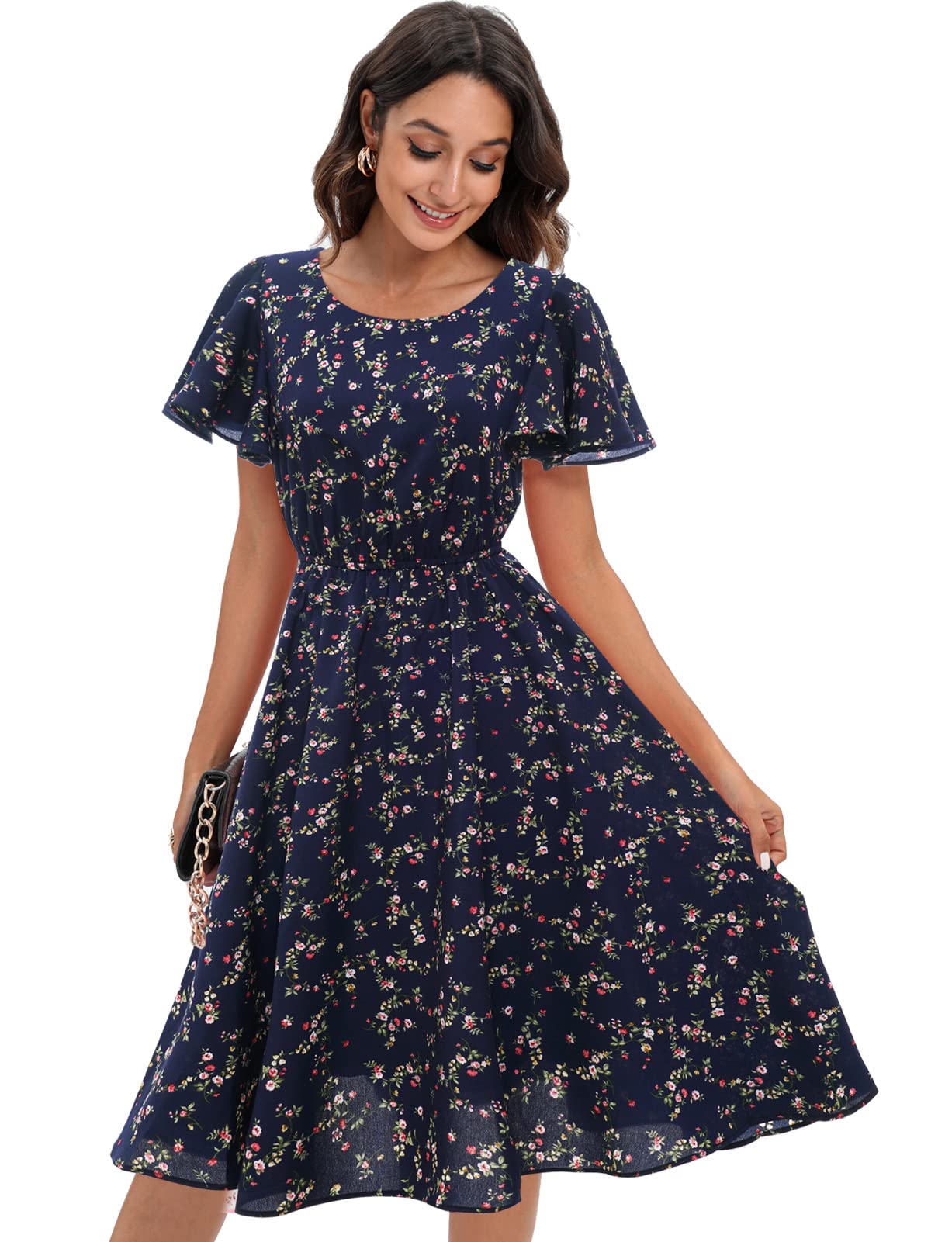 Gardenwed Women's Floral Chiffon Summer Dress - Elastic Waist Sun & Beach Dress for Outdoor Parties, Vacations, and Casual Wear