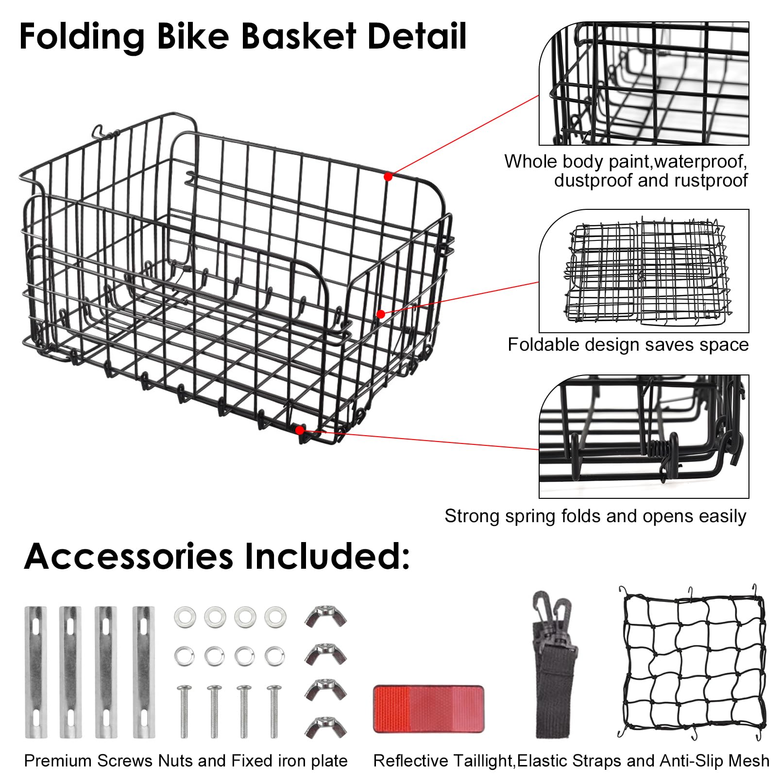 Rear Bike Basket - Foldable & Detachable Metal Bicycle Cargo Rack with Adjustable Strap & Reflective Tail Light - Universal Fit for Most Bike Racks - Perfect for Grocery Shopping, Commuting & Outdoor Adventures
