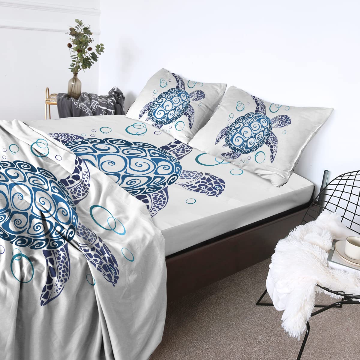 BlessLiving Queen Size Sheet Set - Ultra Soft 4-Piece Sea Turtle Bedding in Teal Blue, Includes Flat Sheet, Fitted Sheet & 2 Pillowcases | Coastal Beach Theme Bedroom Decor for Guest Room, Vacation Home or Dorm