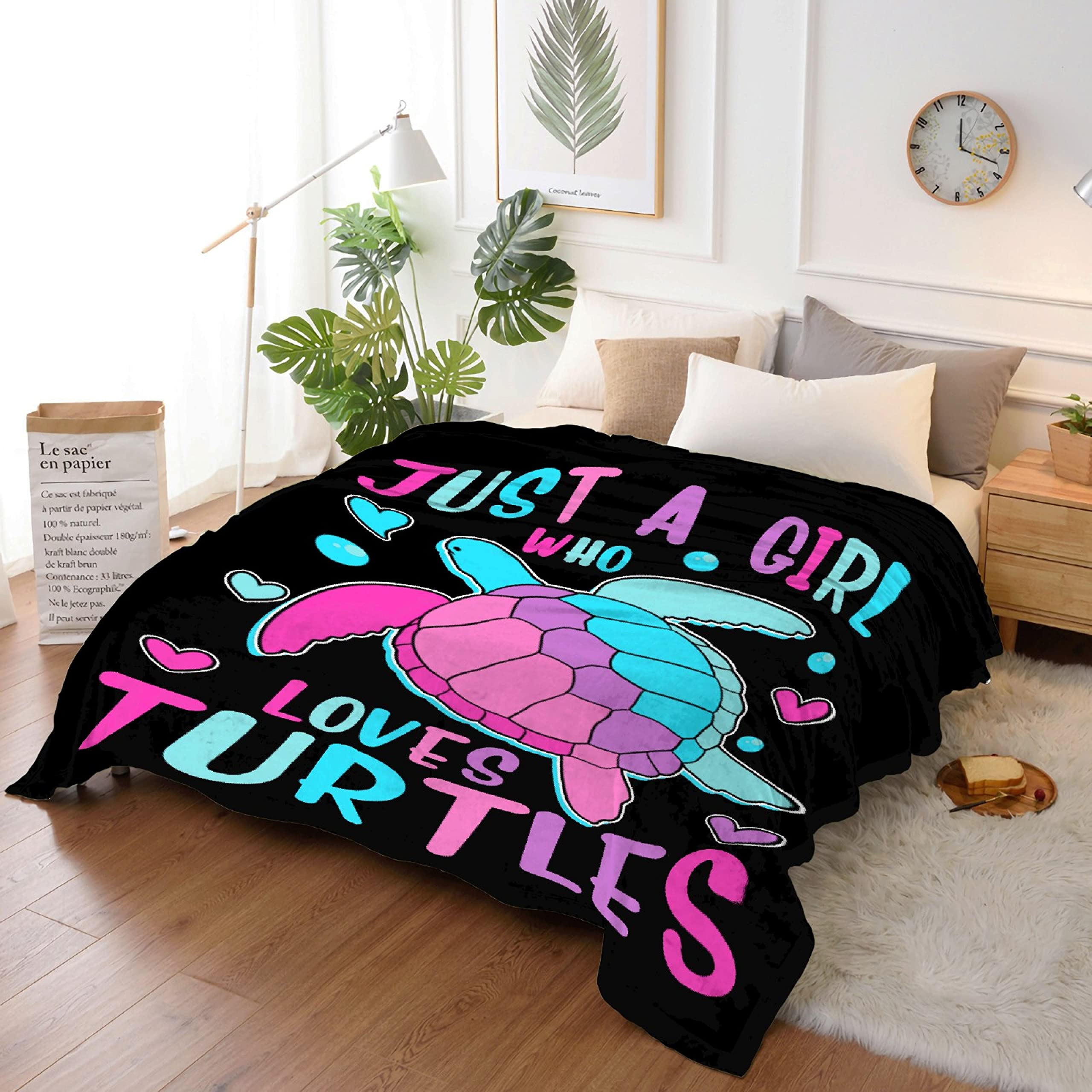 Just Girl Who Loves Turtles Blanket - Soft Flannel Cozy Lightweight Throw - 120
