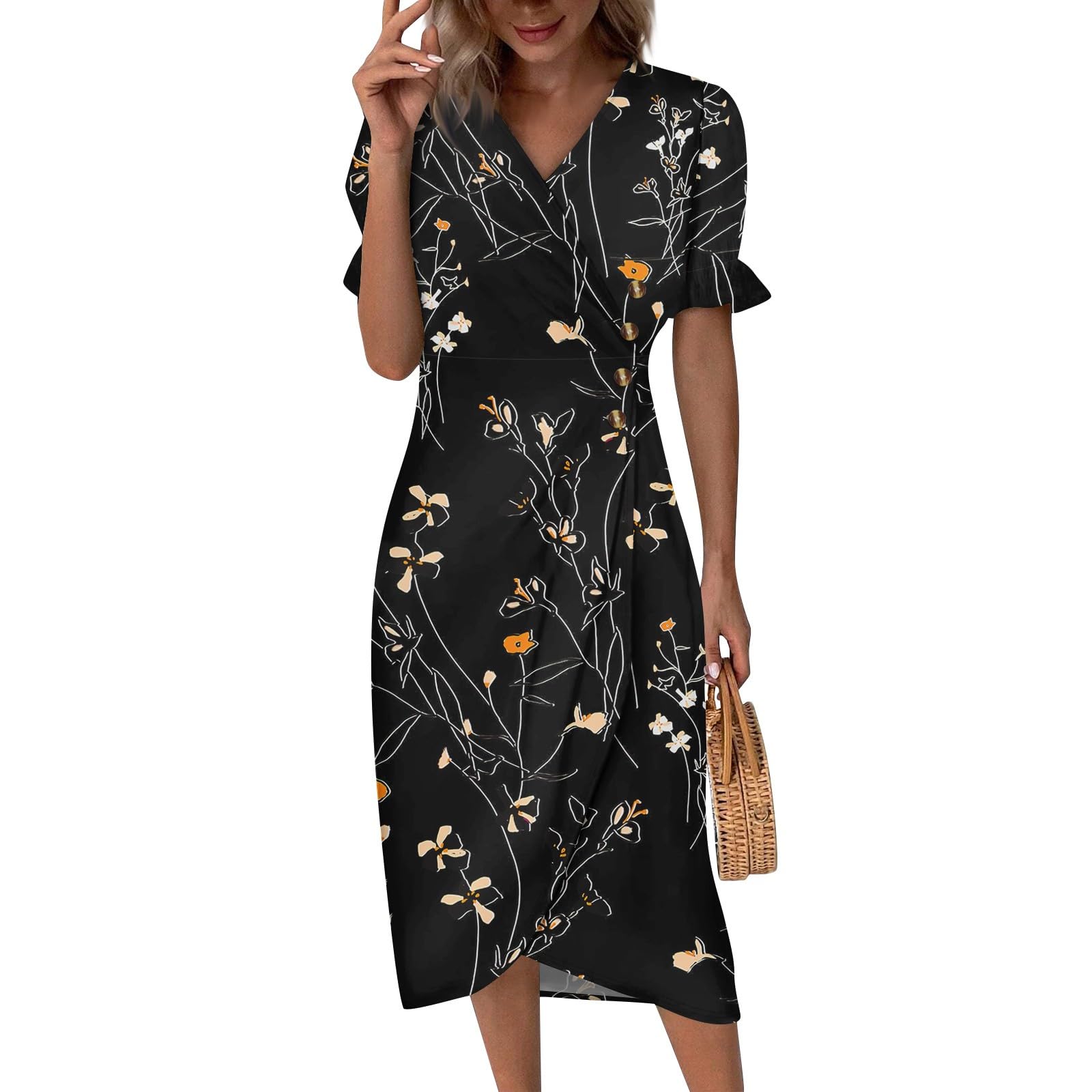 Plus Size Women's Cocktail Dresses - Floral Print V-Neck Short Sleeve Button Down Casual Dress for Beach, Party & Summer Outings