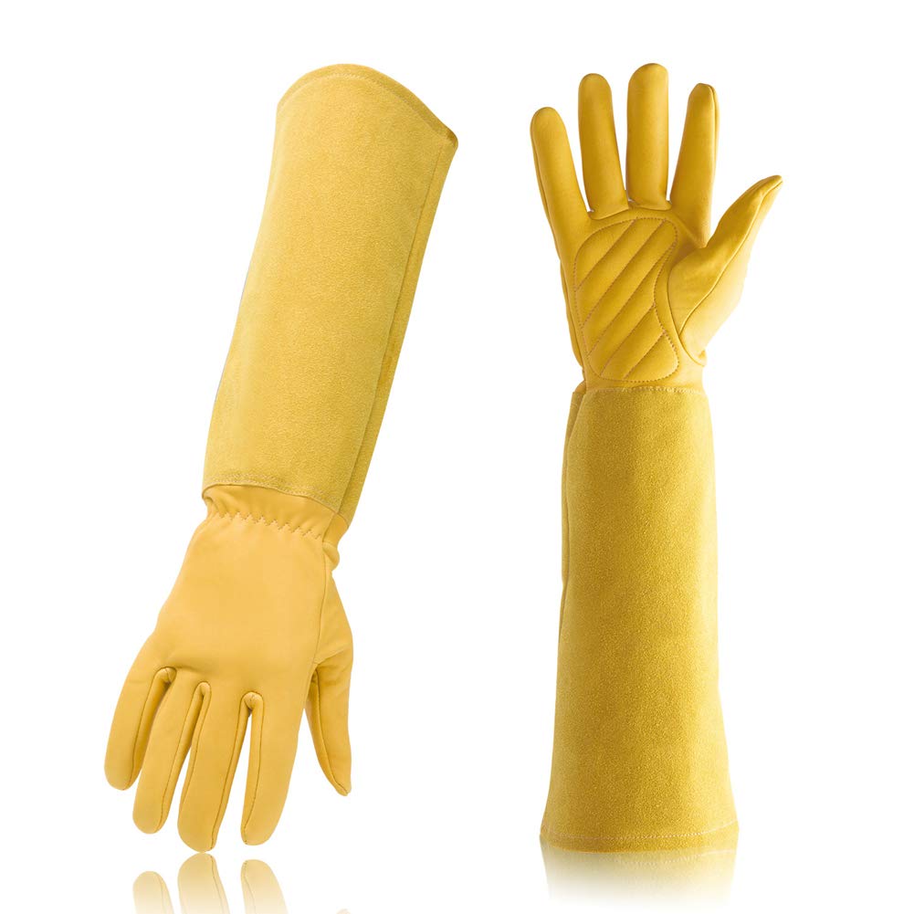 HANXIUCAO Women's Sheepskin Leather Rose Gardening Gloves - Extended Long Arm Protection for Pruning, Planting & Thorn Protection (Yellow) - Perfect for Rose Care, Garden Work & Outdoor Landscaping