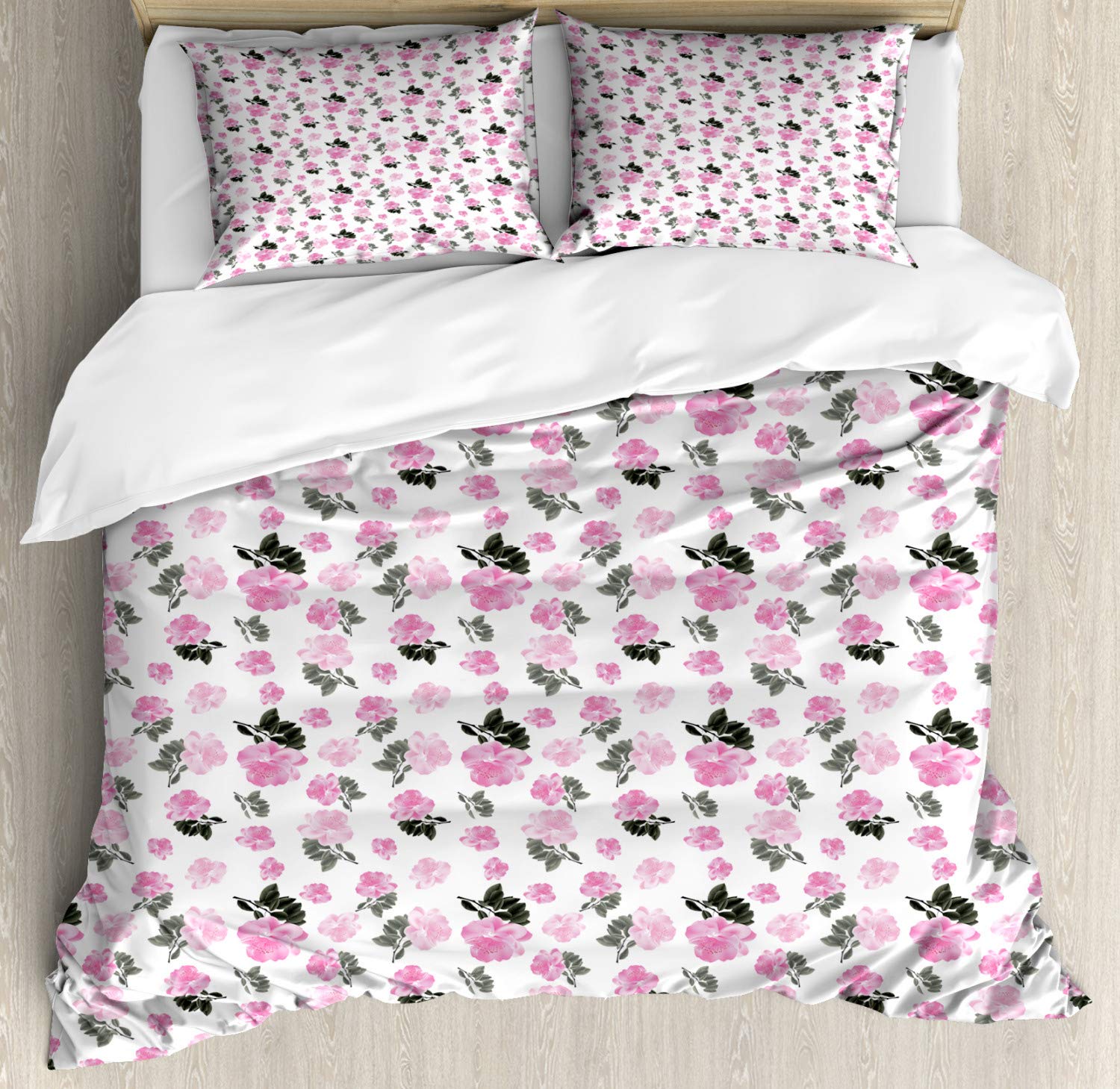 Ambesonne Peony Duvet Cover Set King Size - Romantic Pink Floral Pattern on Plain Background, 3-Piece Bedding Set with 2 Pillow Shams in Pale Pink & Charcoal Grey | Perfect for Master Bedroom, Guest Room & Bohemian Home Decor