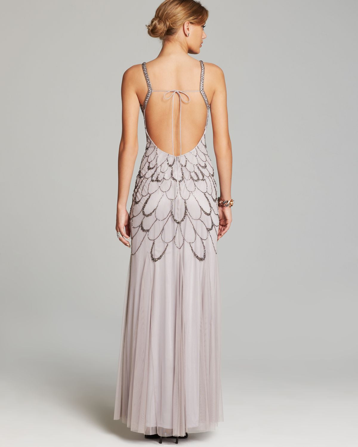 Adrianna Papell Beaded Backless Mesh Art Deco Evening Gown in Heather Grey - Perfect for Formal Events, Galas, and Red Carpet Occasions