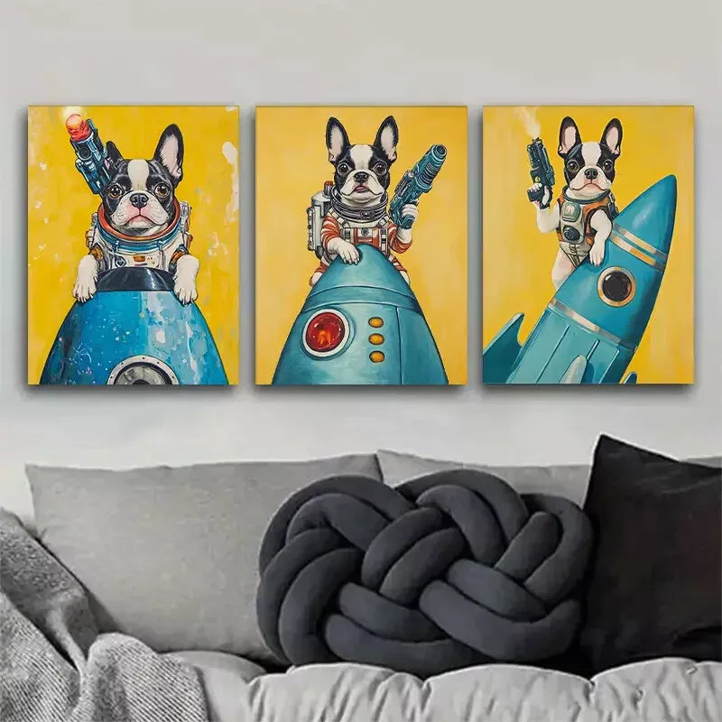 3-Piece Adorable Space Themed Bulldog Wall Art Set - Framed Canvas 40x60cm (16x24in) - High Quality Print, 100% Australian Made, Ready to Hang - Perfect for Living Room, Bedroom, or Office Decor