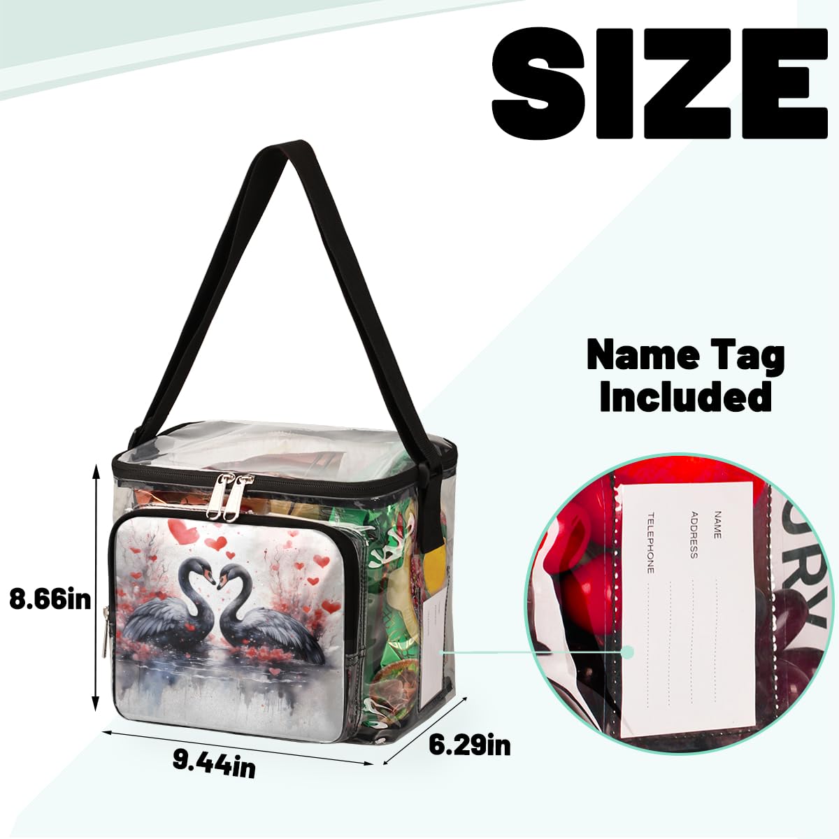GzLeyigou Clear Heart Shape Tote Bag with Handles - Black Swan Transparent Crossbody Shoulder Bag for Lunch, Travel & Outdoor Activities | Perfect for Picnics, Concerts, Sports Events & Stadium Approved | Fashionable & Functional Carryall for Women