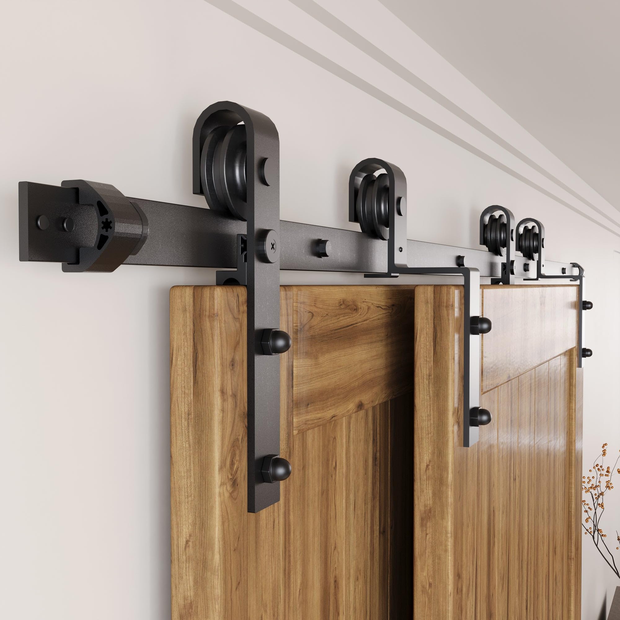 Homacer Black Rustic Single Track Bypass Sliding Barn Door Hardware Kit - 6.6ft Flat Track for Double Doors with Classic Rollers | Perfect for Farmhouse, Loft & Industrial Style Home Decor