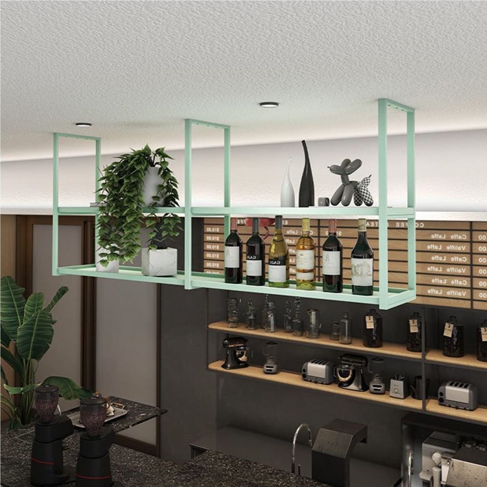 2-Tier Hanging Ceiling Wine Bottle Rack - Wrought Iron Wall Mounted Storage Shelf for Wine Display & Decorative Home Bar Organization - Perfect for Kitchen, Dining Room, and Basement Cellar Storage