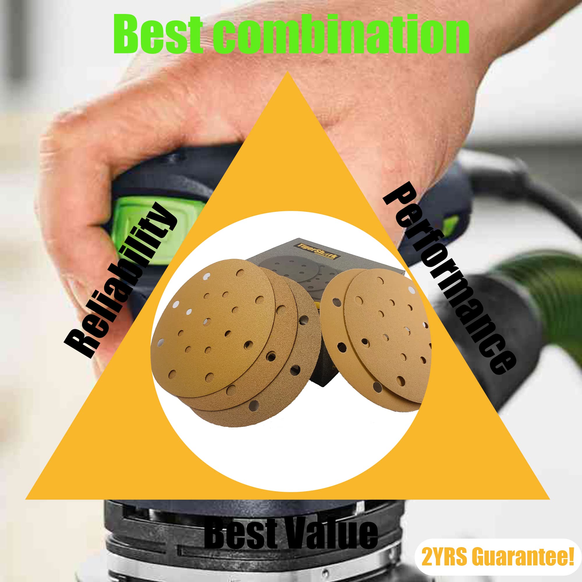 TigerShark 6 Inch 17 Hole Sanding Discs - 50pcs Assorted Grit 80/100/120/150/220 - Anti-Clog Coating Gold Line Hook & Loop for Dustless Random Orbital Sander - Perfect for Woodworking, Metal Polishing & DIY Home Projects
