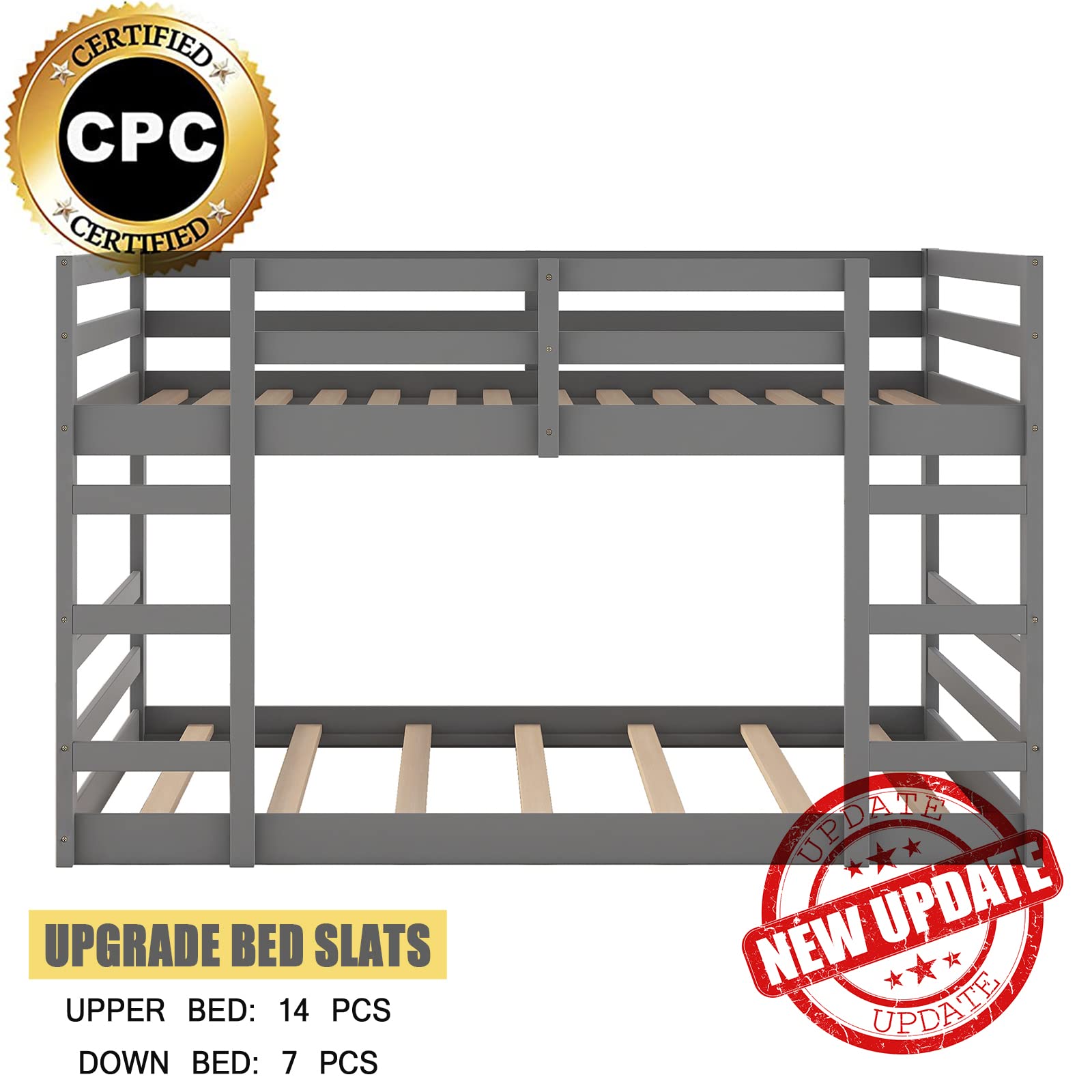 **CITYLIGHT Low Bunk Beds Full Over Full, Sturdy Wooden Bunk Bed for Kids & Teens, Twin Bunk Bed with 2 Ladders for Boys & Girls Bedroom, Dormitory, Space-Saving (Full Size, Grey) – Perfect for Small Rooms, Shared Kids' Bedrooms & College Dorms**
