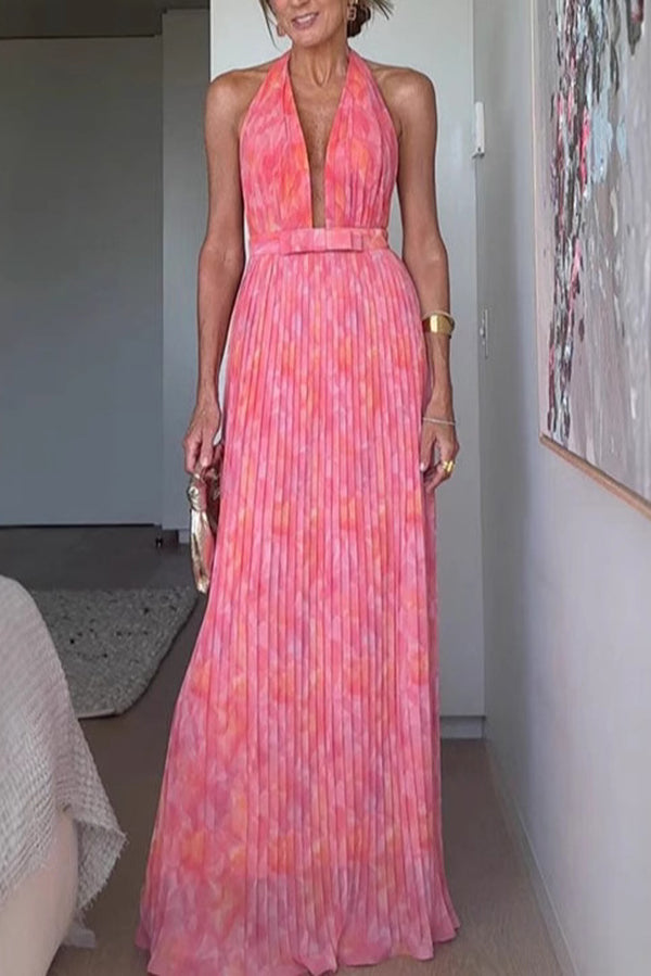 Stylish Floral Print Halter Neck Tie Pleated Maxi Dress for Women - Perfect for Beach Vacations, Summer Parties & Date Nights