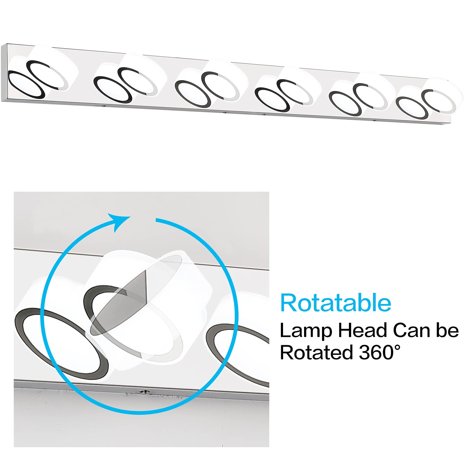 SOLFART Modern Bathroom Vanity Light - 44.9 Inch Gloss Chrome Stainless Steel LED Mirror Light with Rotating Round Acrylic Bars (6 Lights) - Perfect for Bathroom Makeup, Shaving & Decor Lighting