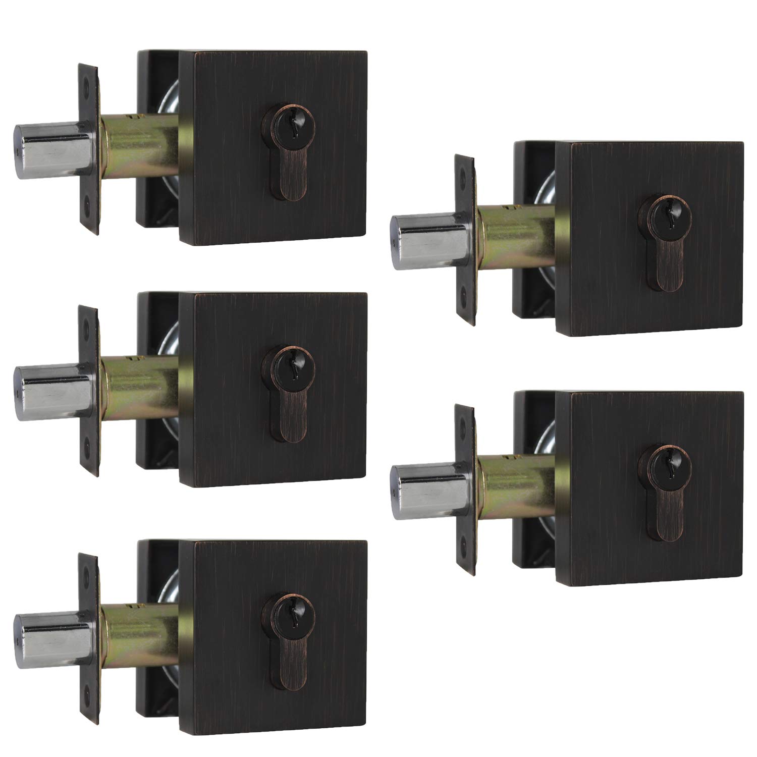 Probrico Square Deadbolts Oil Rubbed Bronze - 5 Pack Single Cylinder Interior/Exterior Door Locks with Different Key Sets | Secure Home, Office & Rental Properties