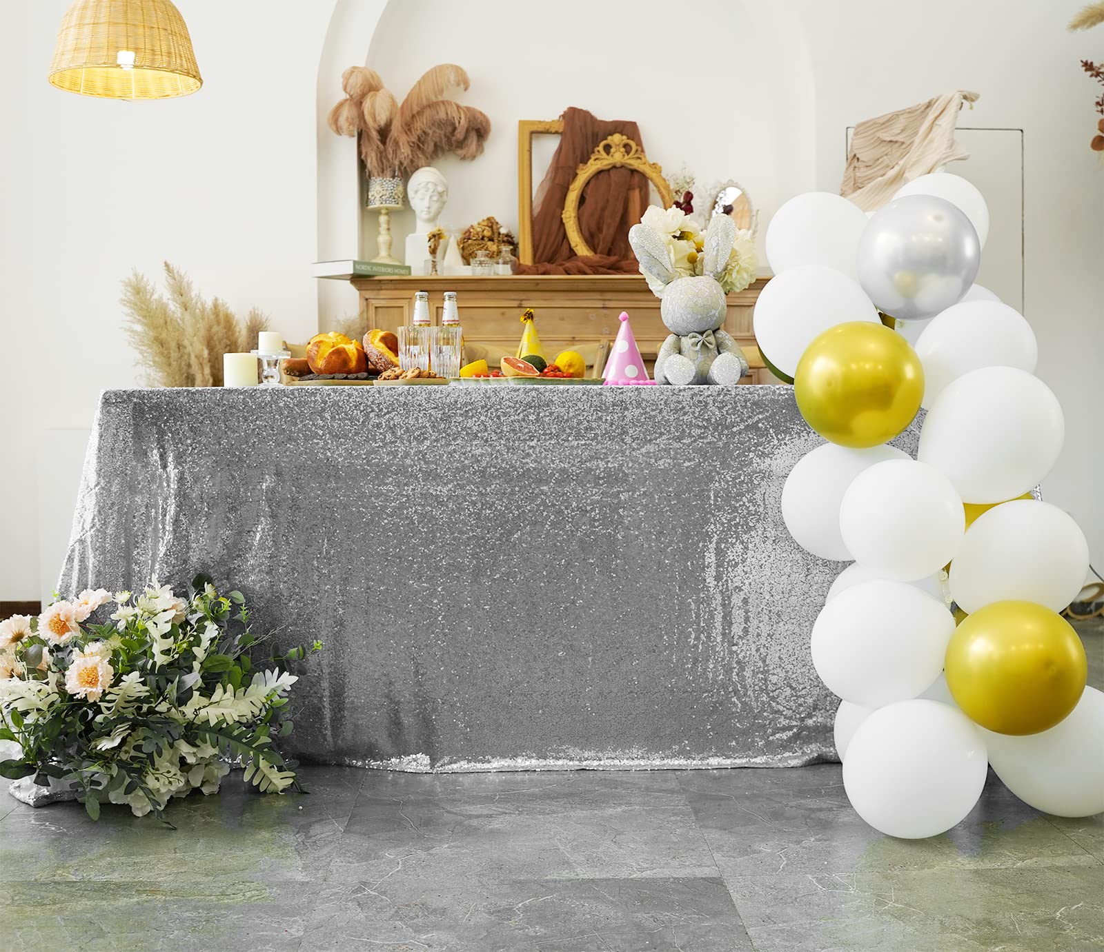 Silver Sequin Tablecloth 90x132 Inches - Glitter Party Table Cover for Weddings, Birthdays, Baby Showers & Christmas Decor | Rectangular Sequin Table Overlay for Reception, Bridal Shower & Holiday Celebrations