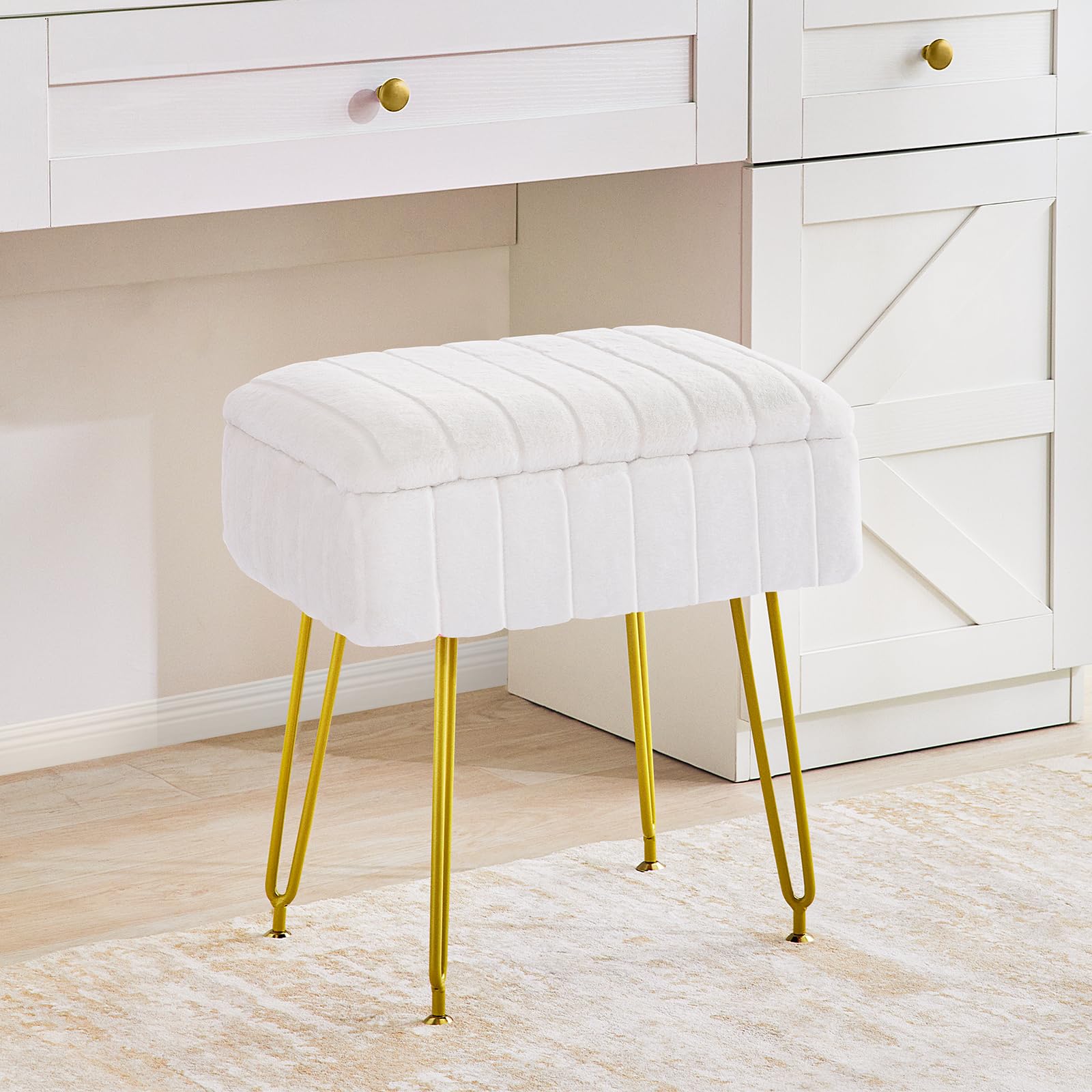 Redlife Vanity Stool with Storage - Faux Fur Makeup Chair with Gold Metal Legs, Multifunctional Footrest Ottoman for Bedroom, Dressing Room & Beauty Salon (White) - Perfect for Makeup, Reading & Relaxing