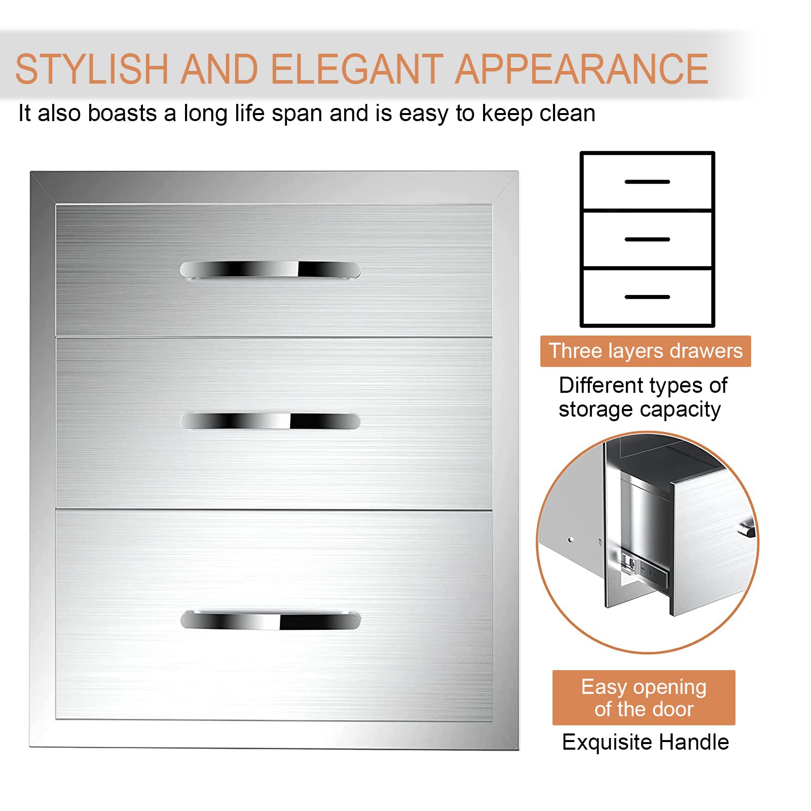 Stainless Steel Outdoor Kitchen Drawers - Triple Access 18W x 24H x 23D with Handle for BBQ Island, Grill Station & Patio Furniture - Durable Storage for Utensils, Tools & Accessories