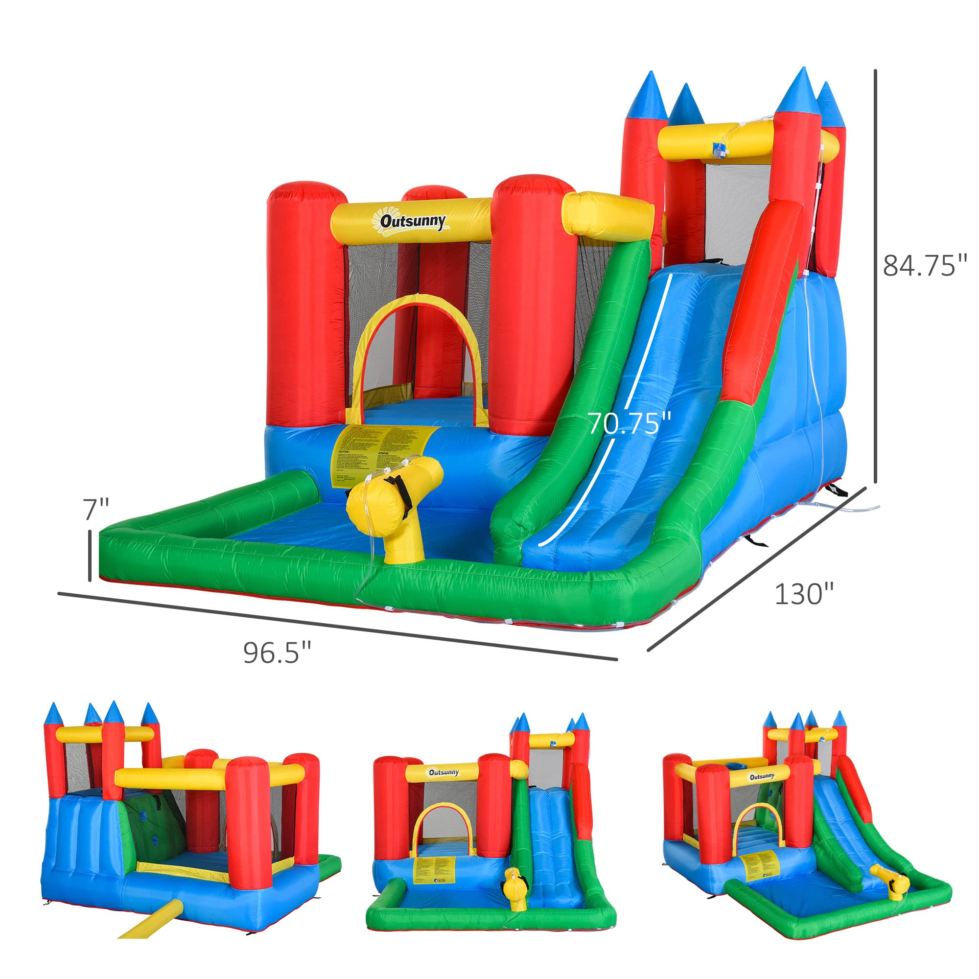 Outsunny 6-in-1 Inflatable Bounce House with Water Slide, Pool, Water Cannon & Climbing Wall - Kids Outdoor Water Play Toy for Backyard, Birthday Parties & Summer Fun - Includes Air Blower & Repair Kit