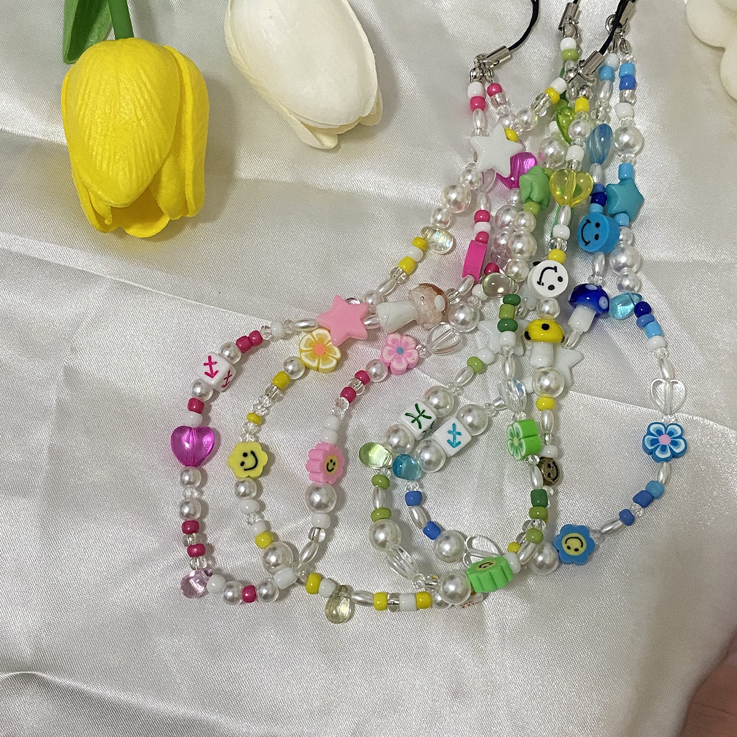 Beaded Phone Charm & Lanyard Wrist Strap - Polymer Clay Smiley Face Beads Bracelet Keychain Jewelry Accessory - Perfect for Cell Phone, Keys & Purse Organization (Gift Idea)