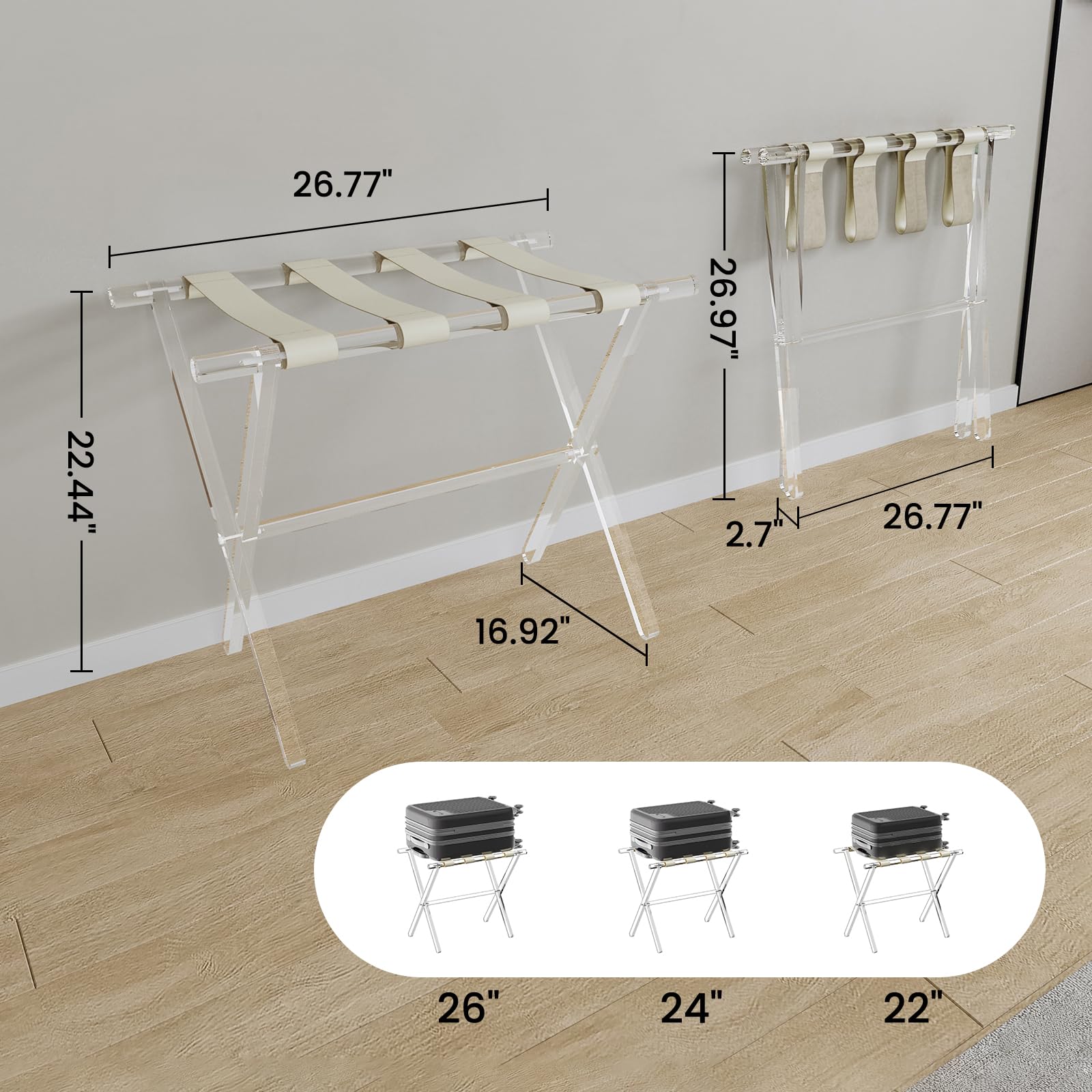 Foldable Acrylic Luggage Rack with Leather Straps - Heavy Duty Suitcase Stand Holds 50-100 lbs for Bedroom, Living Room & Hotel - Space Saving Beige Set of 2 - Perfect for Guest Rooms, Small Apartments & Travel Storage