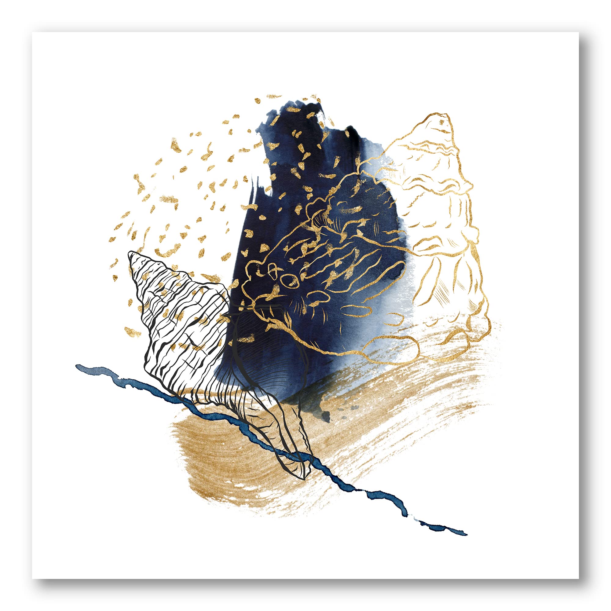 DesignQ Gold Shell Line Art With Underwater Marine Life Farmhouse Canvas Wall Art - Coastal Beach House Decor, Ocean Themed Living Room Wall Hanging for Home & Office