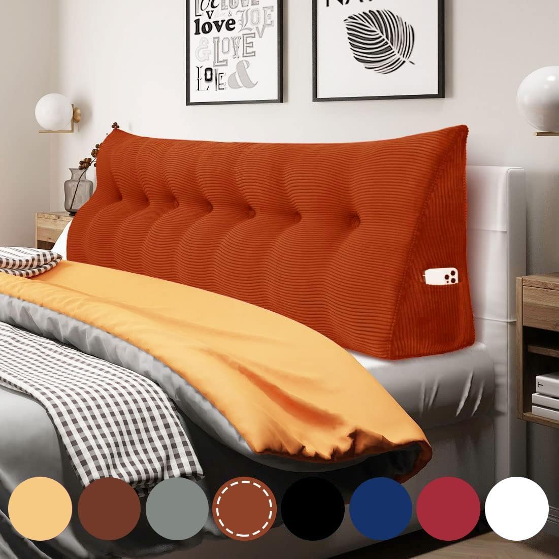 **WOWMAX King Size Wedge Pillow for Headboard - Triangular Bed Wedge Pillow with Removable Corduroy Cover (100% Cotton) - Perfect for Reading, Watching TV, and Back Support in Bed**