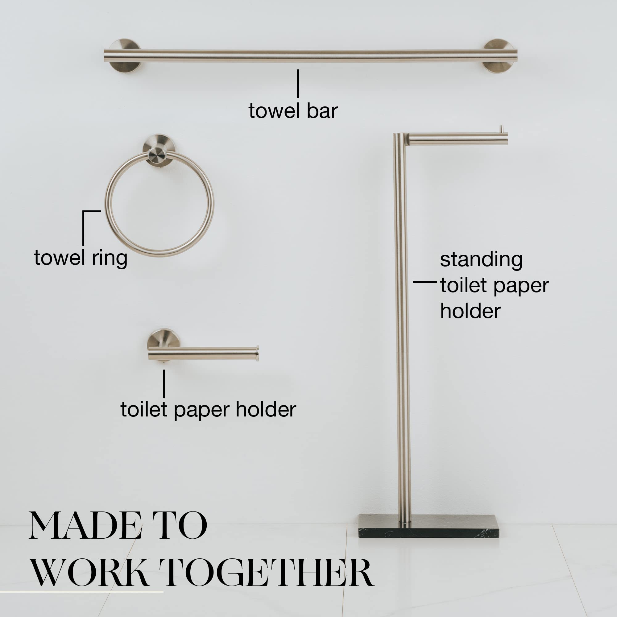 MARMOLUX ACC Freestanding Brushed Nickel Toilet Paper Holder Stand - 4 Jumbo Roll Bathroom Storage - Stainless Steel Toilet Paper Dispenser - Brushed Steel & Black Marble Design - Perfect for Modern Bathrooms, Powder Rooms & Guest Baths