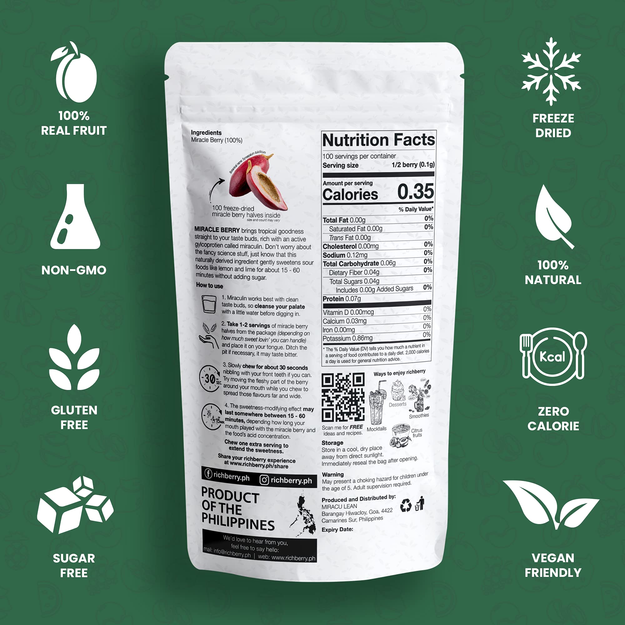 Miracle Berry by Richberry - 100 Freeze Dried Premium Berry Halves | 100% Natural Organic Fruit | No Preservatives | Naturally Sweetens Sour Foods | Perfect for Taste Tripping, Healthy Snacks & Sugar-Free Diet | Great for Parties, Cooking & Flavor Experiments