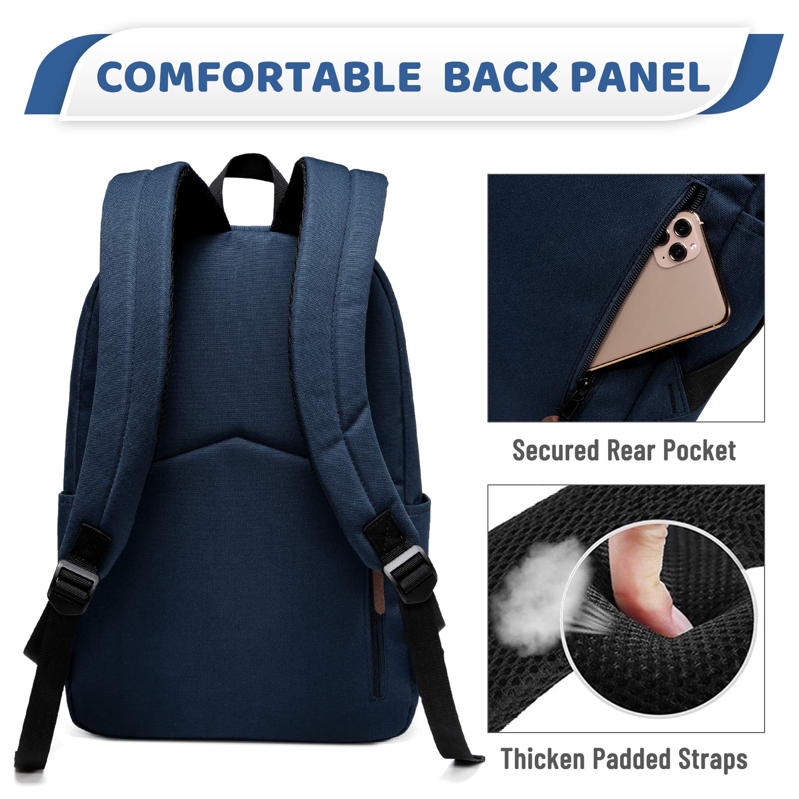 VASCHY Waterproof Lightweight School Backpack for Men & Women - 15.6 Inch Laptop Backpack with Padded Sleeve - Navy Blue College Backpack for Travel, Work & Daily Commute