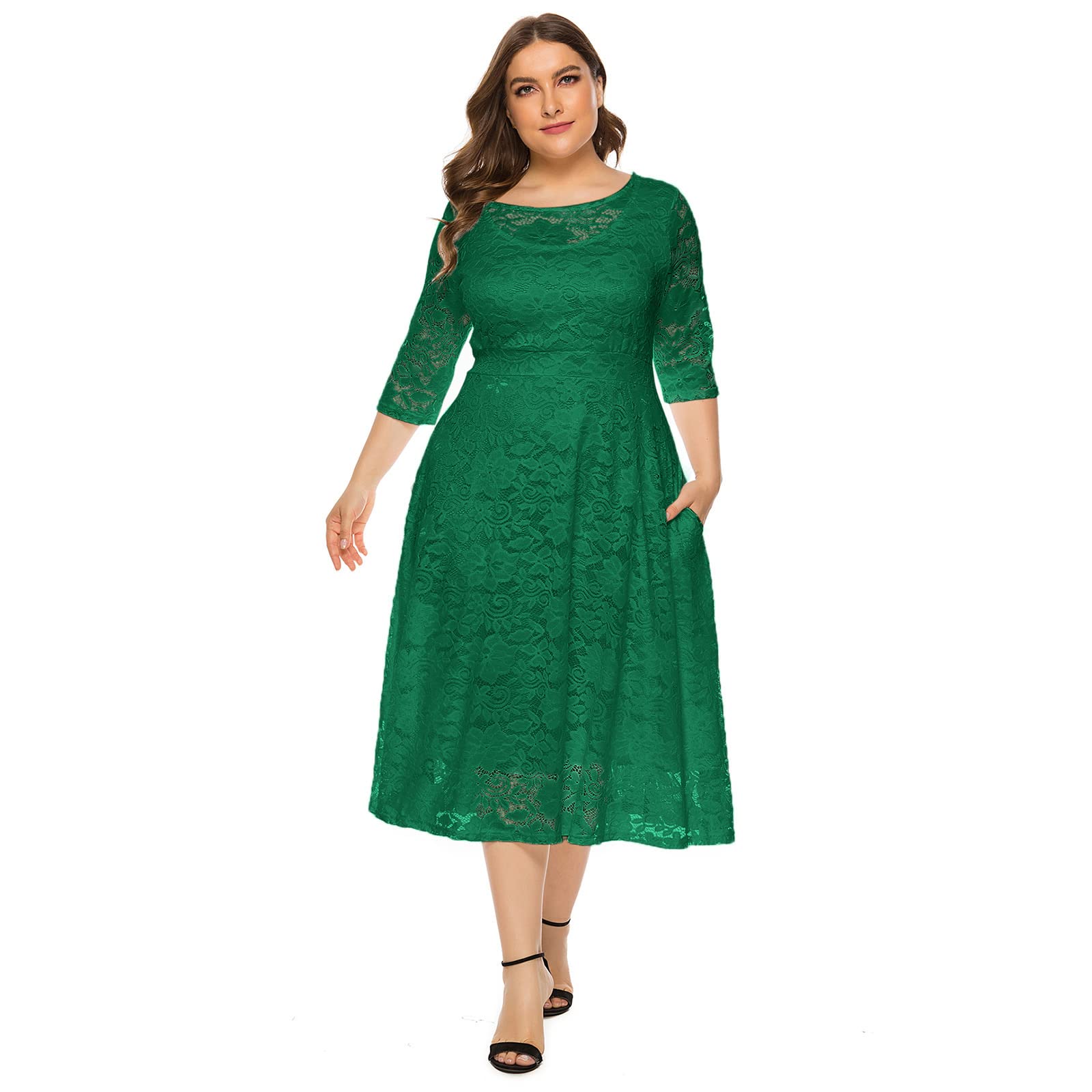 Plus Size Vintage Lace 3/4 Sleeve Midi Swing Dress for Women - Elegant Cocktail, Evening Party, Wedding & Bridesmaid Occasions | Perfect for Formal Events, Date Nights and Special Celebrations