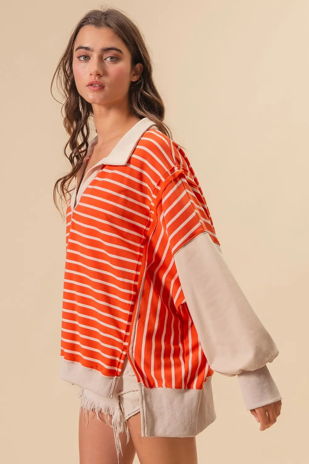 BiBi Stripe Knit Loose Fit T-Shirt with Cut Edge Detail - Casual Women's Top for Everyday Wear, Outings & Layering