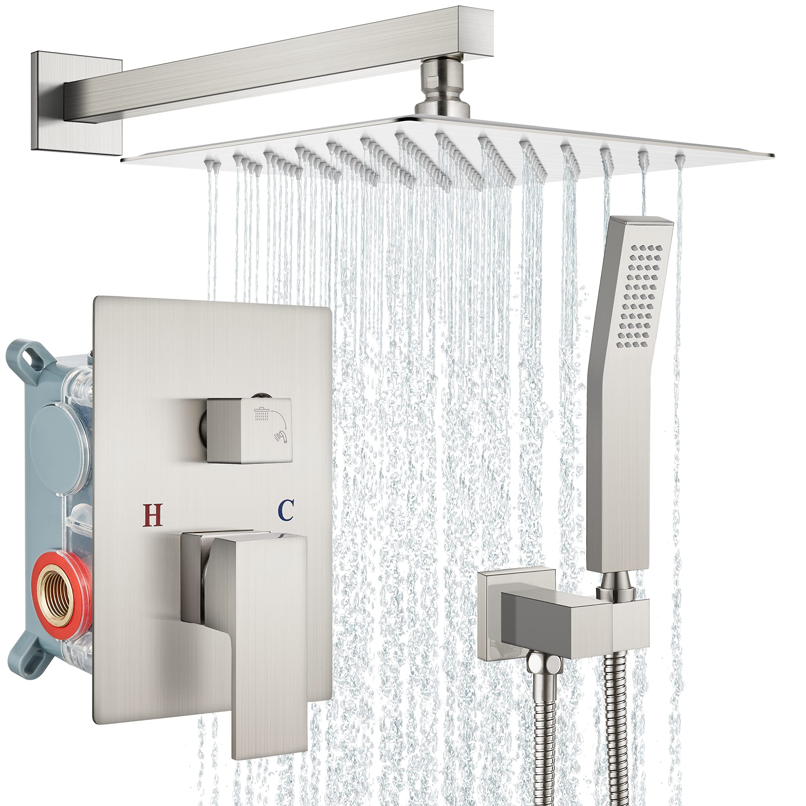 Aolemi 10 Inch Rainfall Shower System - Brushed Nickel Shower Head Combo Set with Handheld Shower, Rough-In Valve & Wall Mount Bathroom Mixer Faucet | Perfect for Spa-Like Bathroom Upgrade & Modern Home Renovation