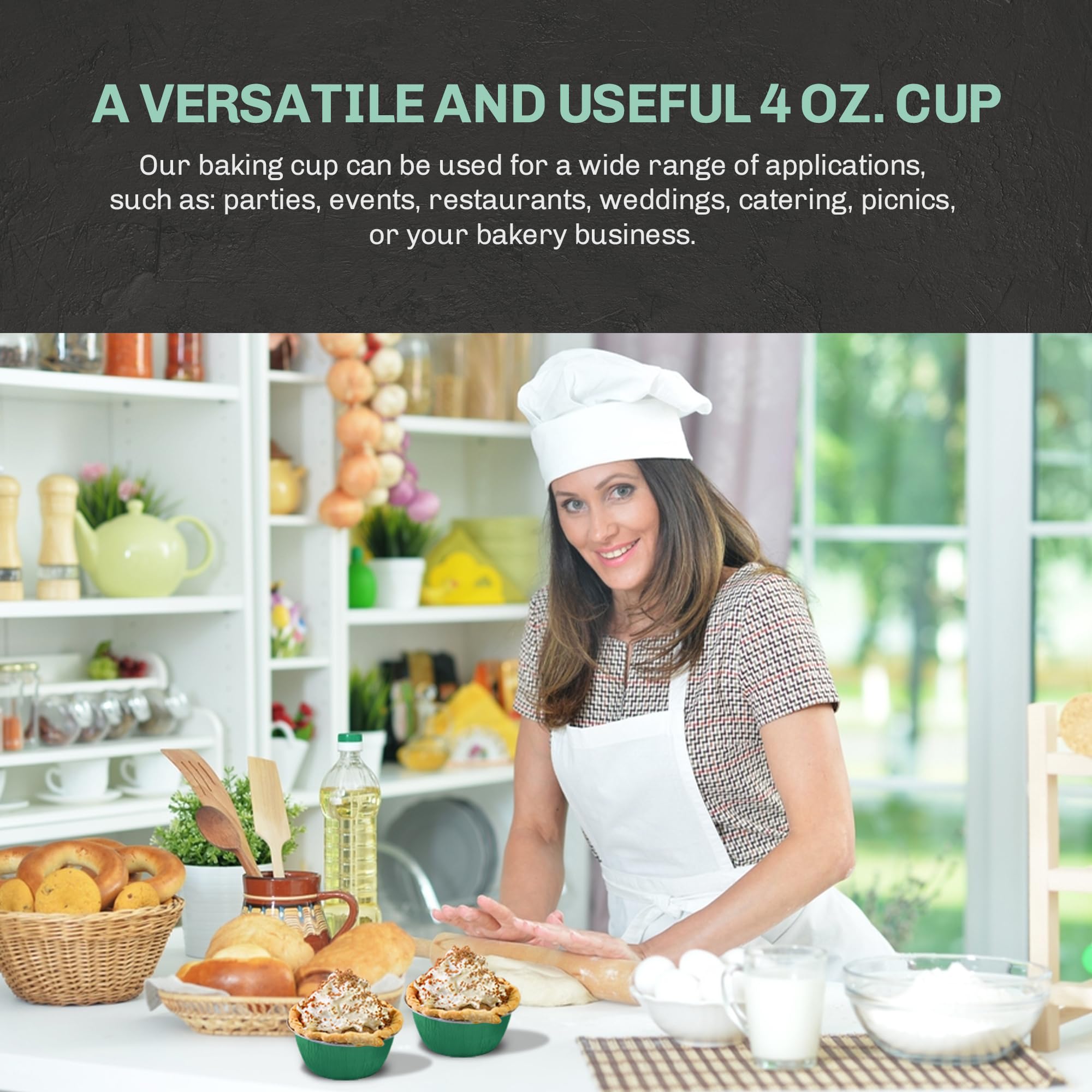 KitchenDance 4oz Disposable Aluminum Baking Cups with Lids - 500 Pack Green Stackable Foil Pans for Creme Brulee, Flan, Cupcakes & Desserts - Perfect for Home Baking, Party Catering & Meal Prep
