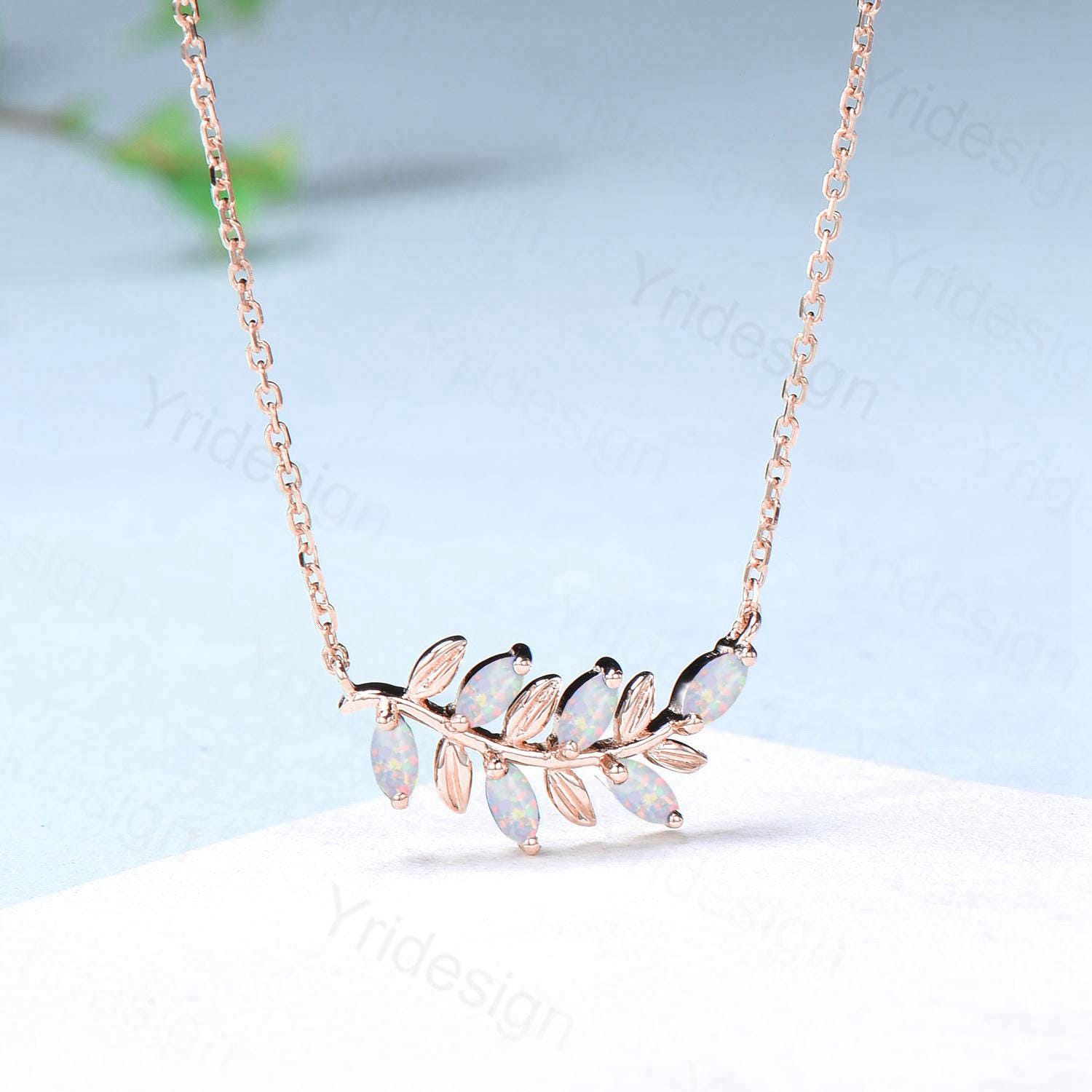 Art Deco White Opal Necklace - Unique Marquise Fire Opal Leaves Pendant with Branch Guard - Natural Inspired Jewelry for Women - Perfect Anniversary Gift for Her - Elegant for Evening Parties & Special Occasions