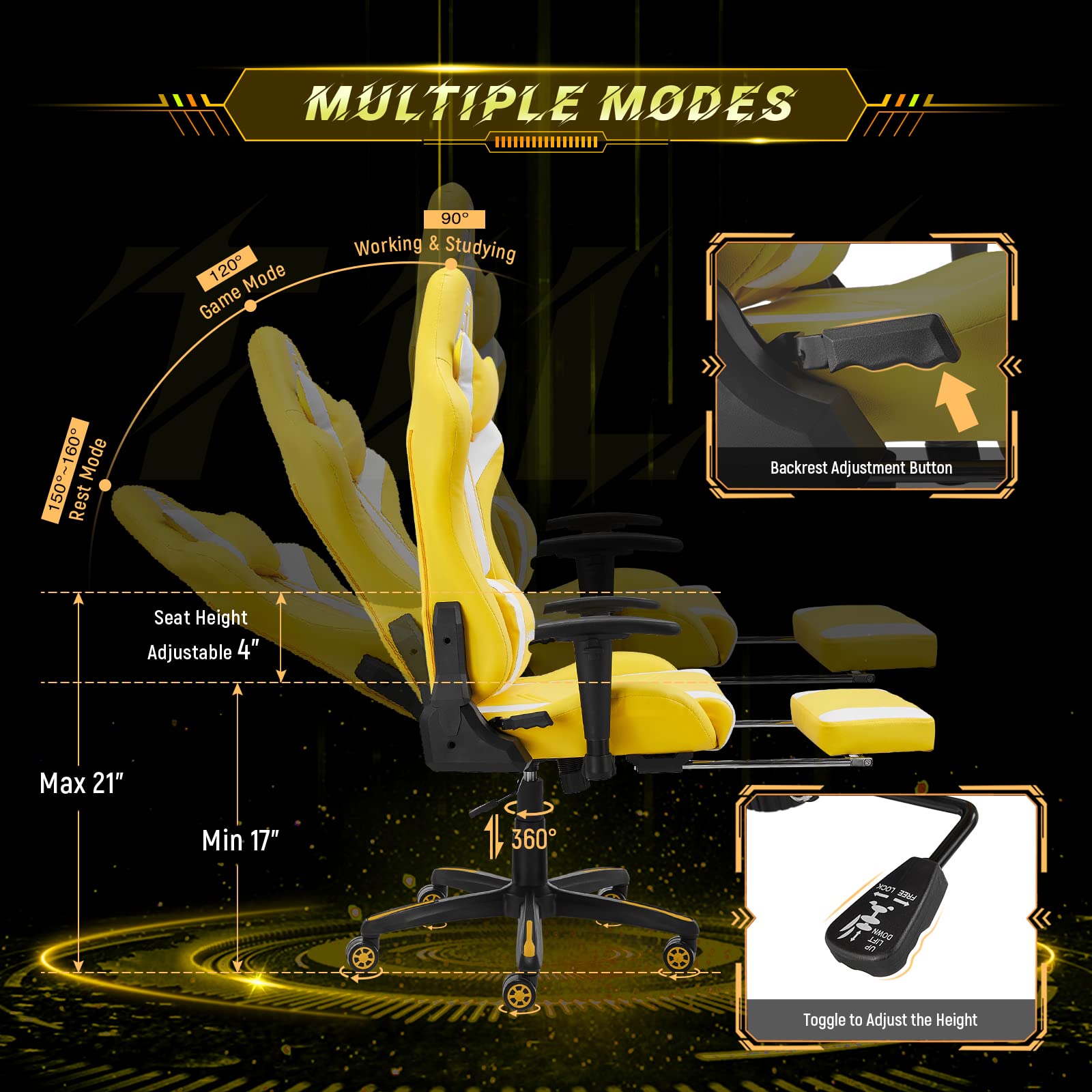 Premium Gaming Chair - High Back Ergonomic Racing Style Computer Chair with Adjustable Lumbar Support, Footrest & 360° Swivel for PC/Console Gamers (Yellow & White) - Perfect for Esports, Streaming & Home Office Workspace