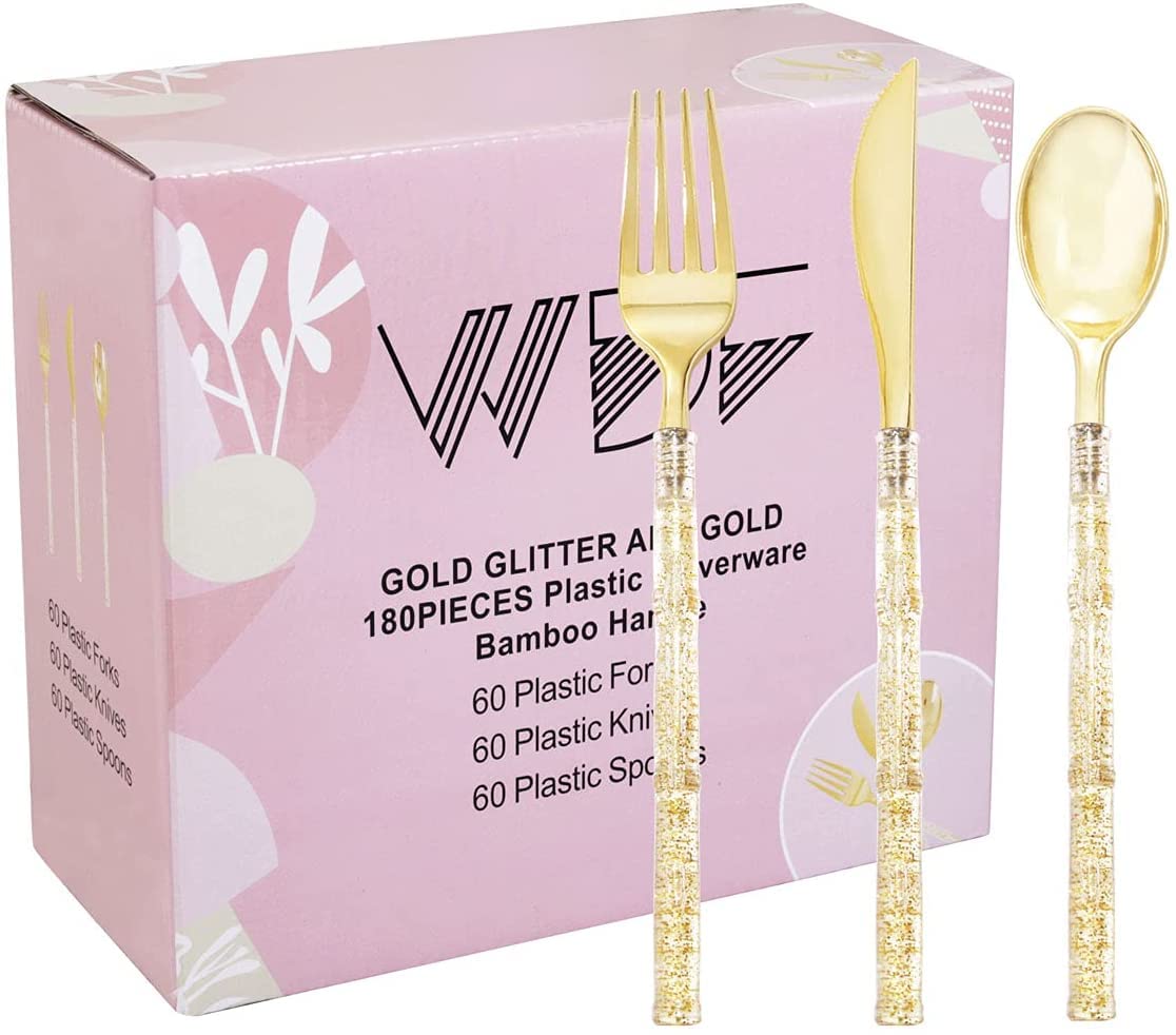 180-Piece Gold Plastic Cutlery Set with 150 Yellow Plastic Plates - Elegant Disposable Silverware for Parties, Weddings & Events