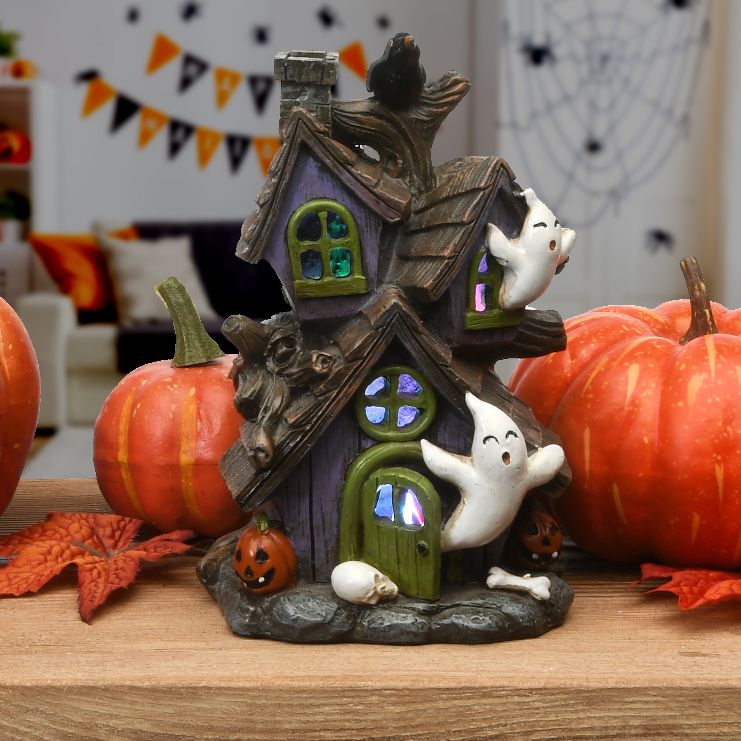 6 Inch Halloween Pre-Lit Purple Haunted House Decor with LED Lights - Spooky Outdoor & Indoor Party Decoration for Halloween Night