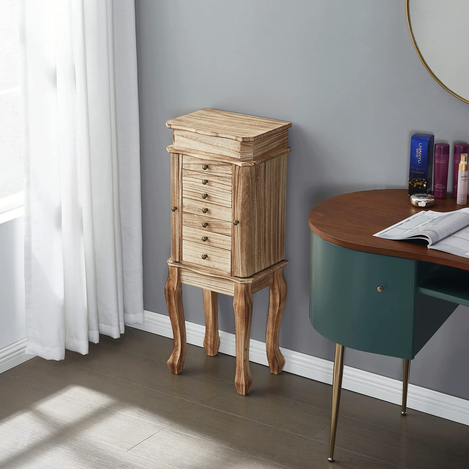 7-Drawer Standing Jewelry Armoire with Flip-Top Mirror & 2 Side Doors - Large Jewelry Storage Cabinet for Necklaces, Rings & Bracelets - Perfect for Bedroom, Closet or Dressing Room Organization