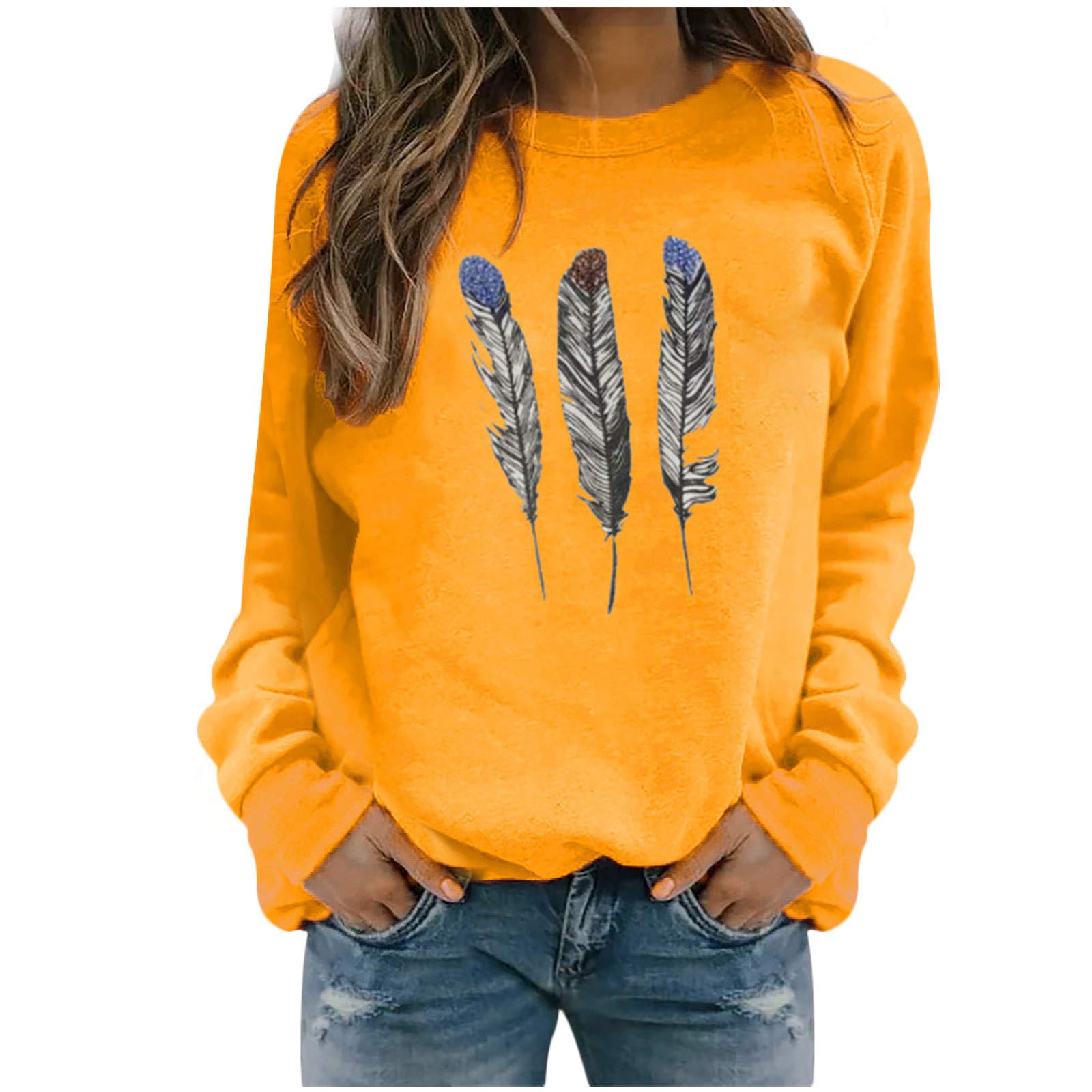 Vintage Graphic Crewneck Sweatshirt for Women - Long Sleeve Feather Print Pullover, Casual Loose Fit Sweater Top | Perfect for Fall Layering, Weekend Outfits & Cozy Loungewear