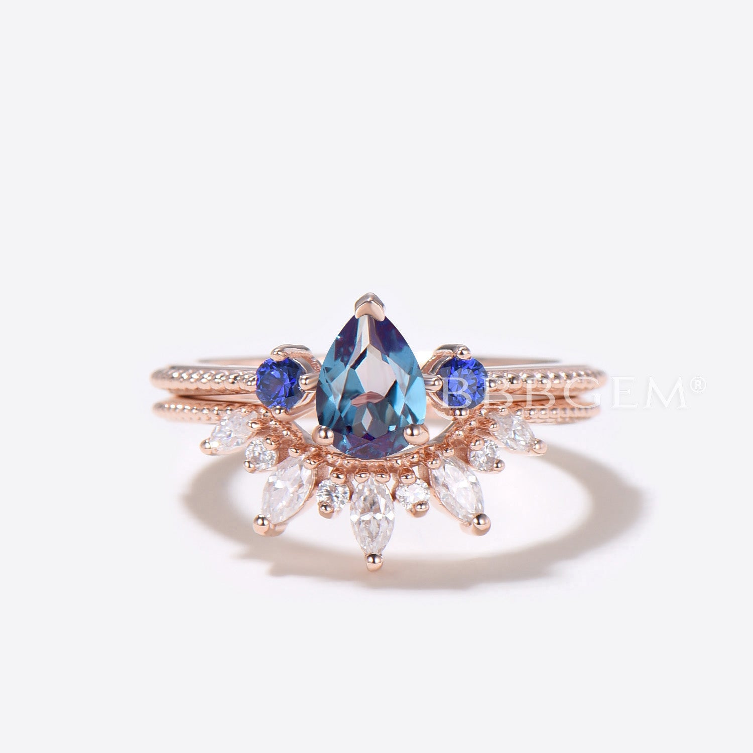Vintage Pear Shaped Alexandrite & Sapphire Engagement Ring Set with Moissanite/Diamond Matching Band - Perfect for Wedding, Anniversary & Proposal Gifts
