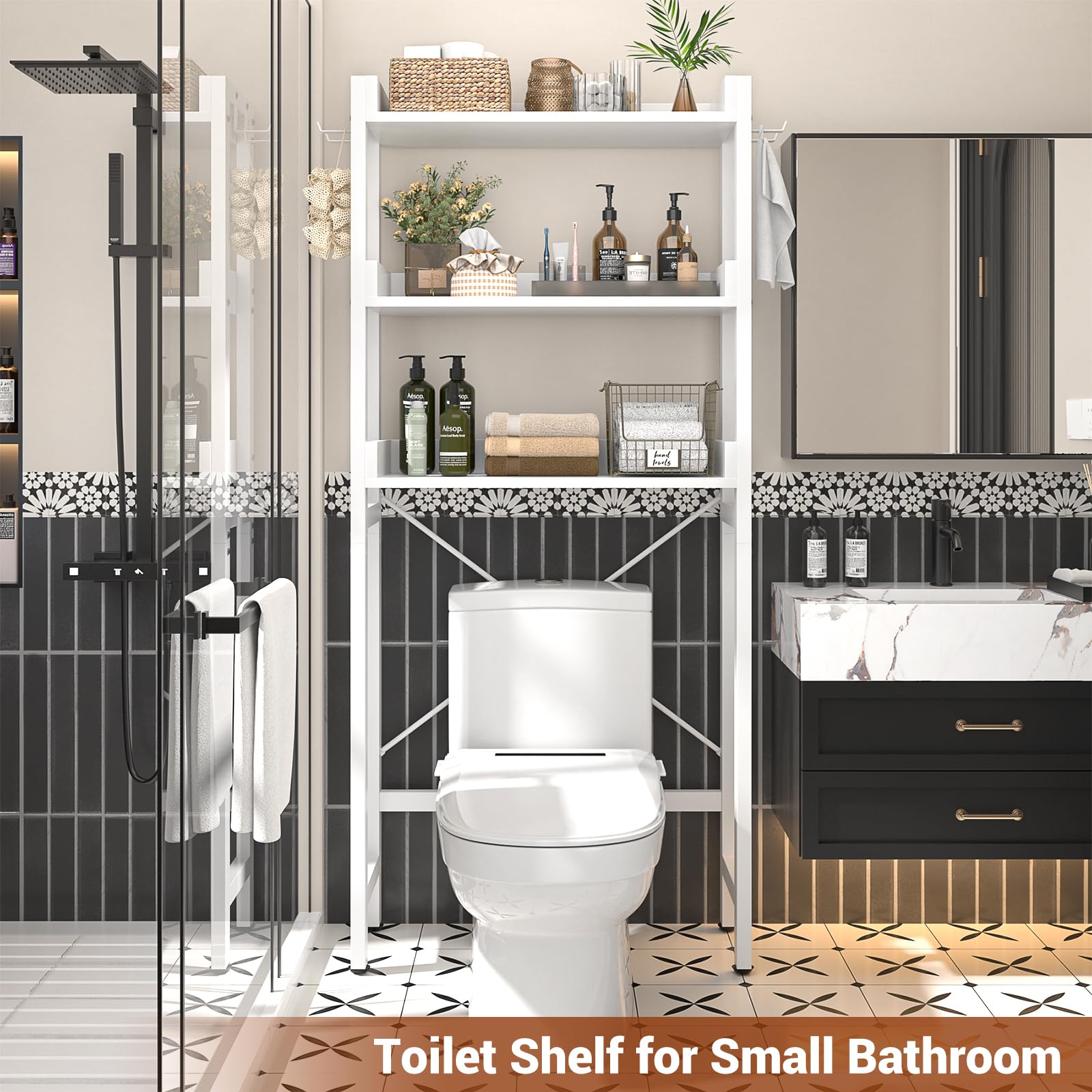 EcoPrsio 3-Tier Over The Toilet Storage Shelf - Freestanding Bathroom Organizer with 4 Hooks, White Space Saver - Perfect for Small Bathrooms, Apartments & Dorm Rooms