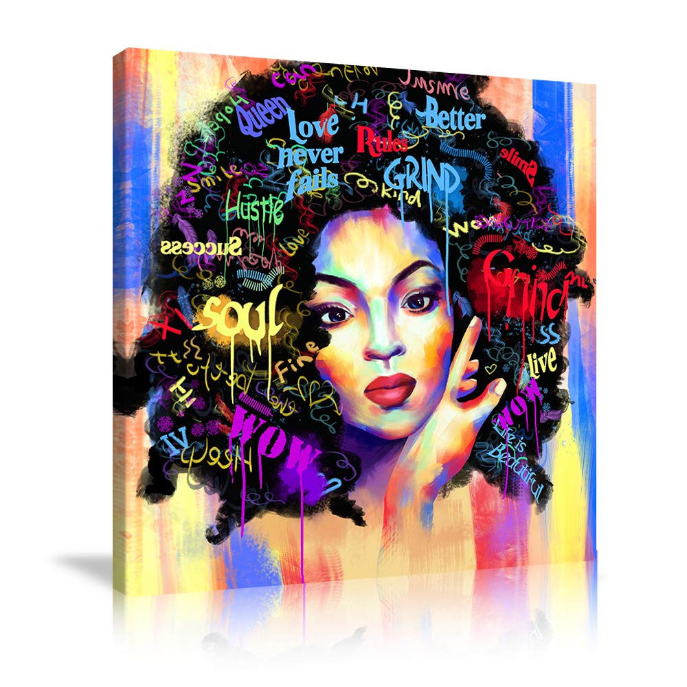 African American Wall Art - Black Girl Abstract Canvas Painting, Afro Woman Art Print Framed Ready to Hang for Living Room & Bedroom Decor