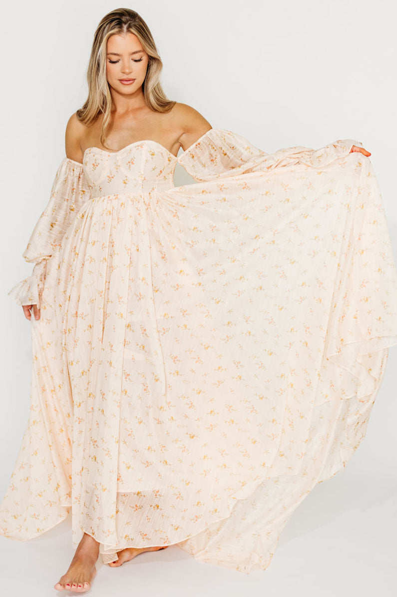 Delilah Maxi Dress with Train in Peach - Bump Friendly Maternity Dress (XS-3XL) for Weddings, Parties & Special Occasions