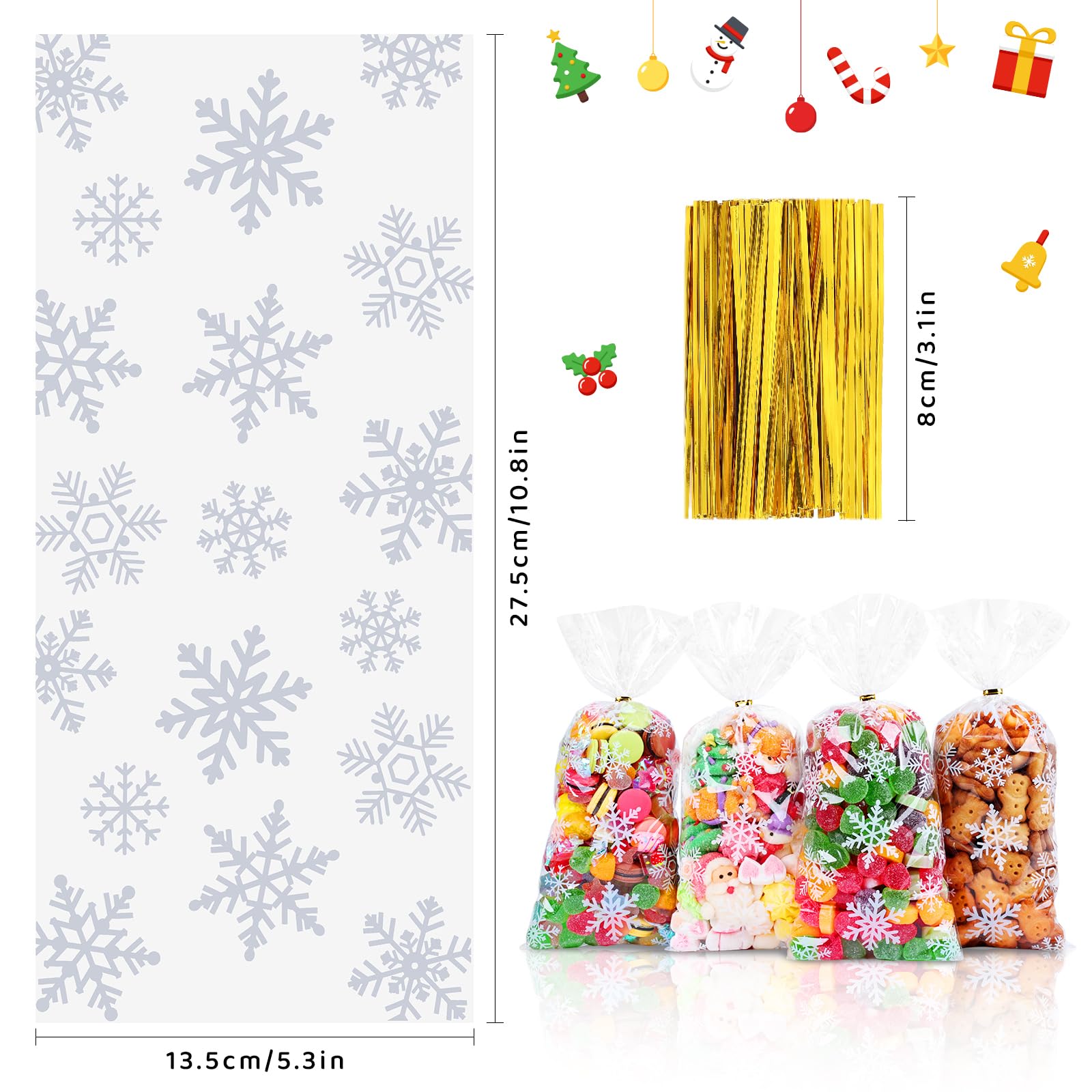 120-Piece Christmas Cellophane Treat Bags with Ribbon - Winter Snowflake Design Holiday Cookie Bags for Christmas Parties, Gift Wrapping & Cookie Exchanges