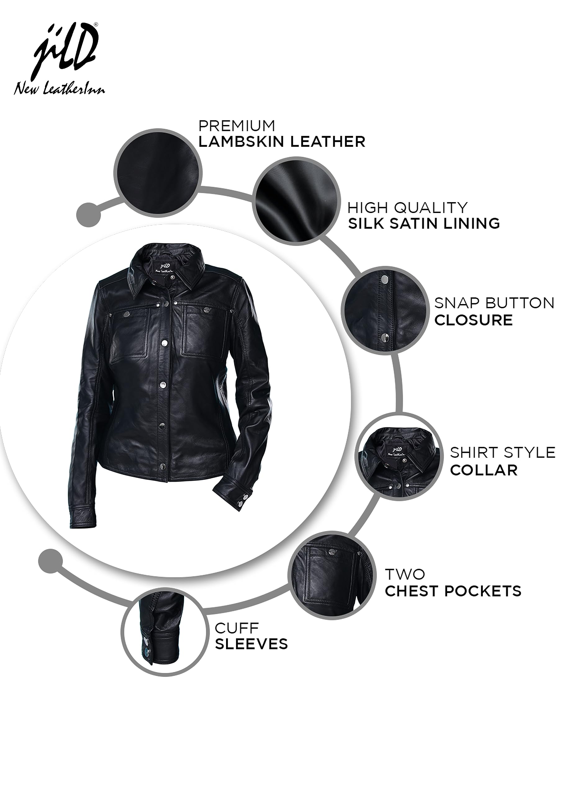 Jild Women's Button Front Lambskin Leather Jacket Shacket - Casual Long Sleeve Shirt Jacket with Bust Pocket for Fall Outfits, Date Nights & Street Style Fashion
