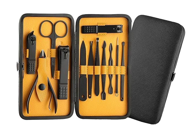 Premium Anystar Manicure Set - Stainless Steel Nail Clippers & Scissors, Blackhead Remover Tool with Acne Needle in Leather Travel Case (Yellow) | Professional Nail Care & Grooming Kit for Home, Travel & Salon Use