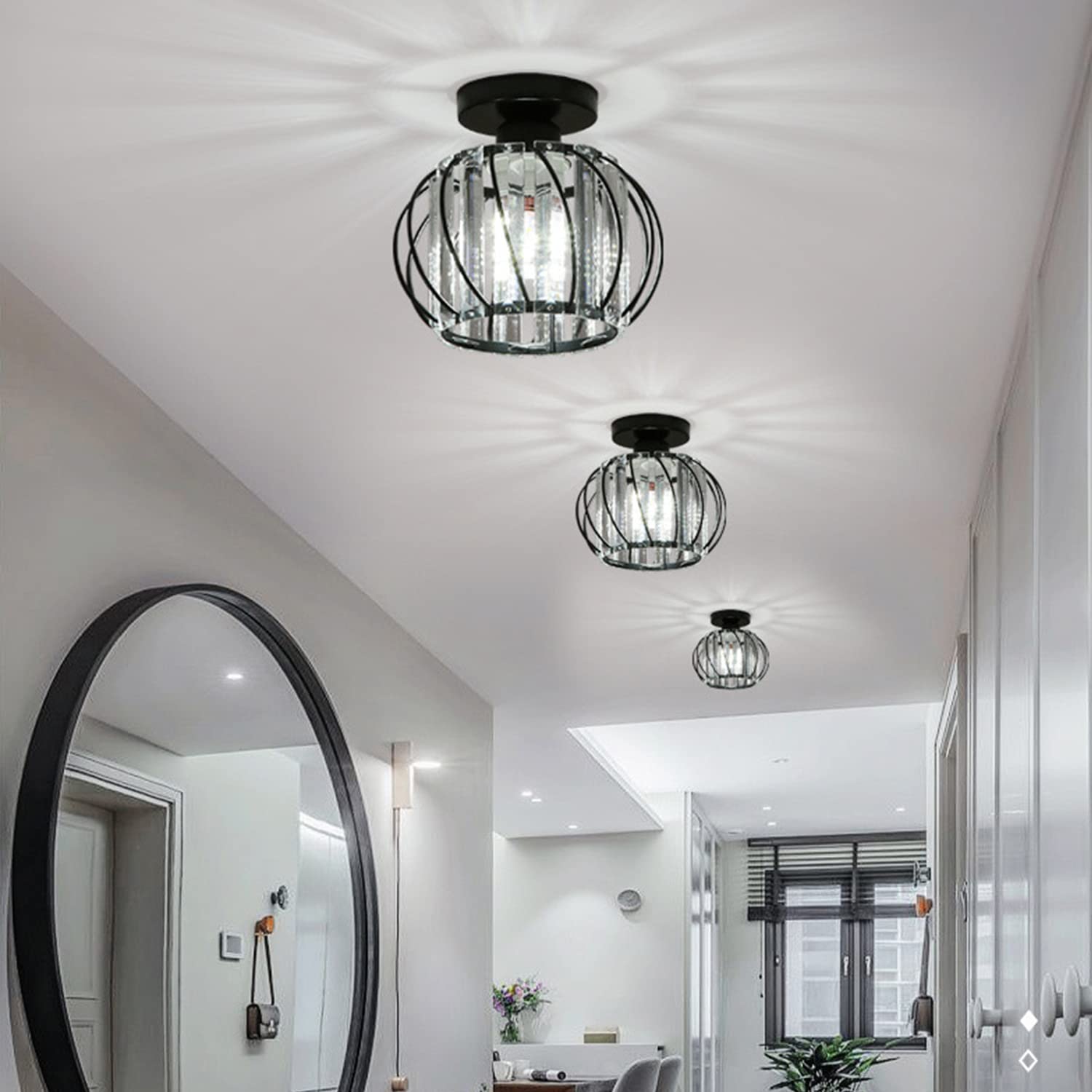 Black Flush Mount Crystal Chandelier - Small Bathroom & Hallway Ceiling Light Fixture - Mid Century Modern Design for Entryway, Bedroom, Porch - Perfect for Home Decor & Romantic Ambiance