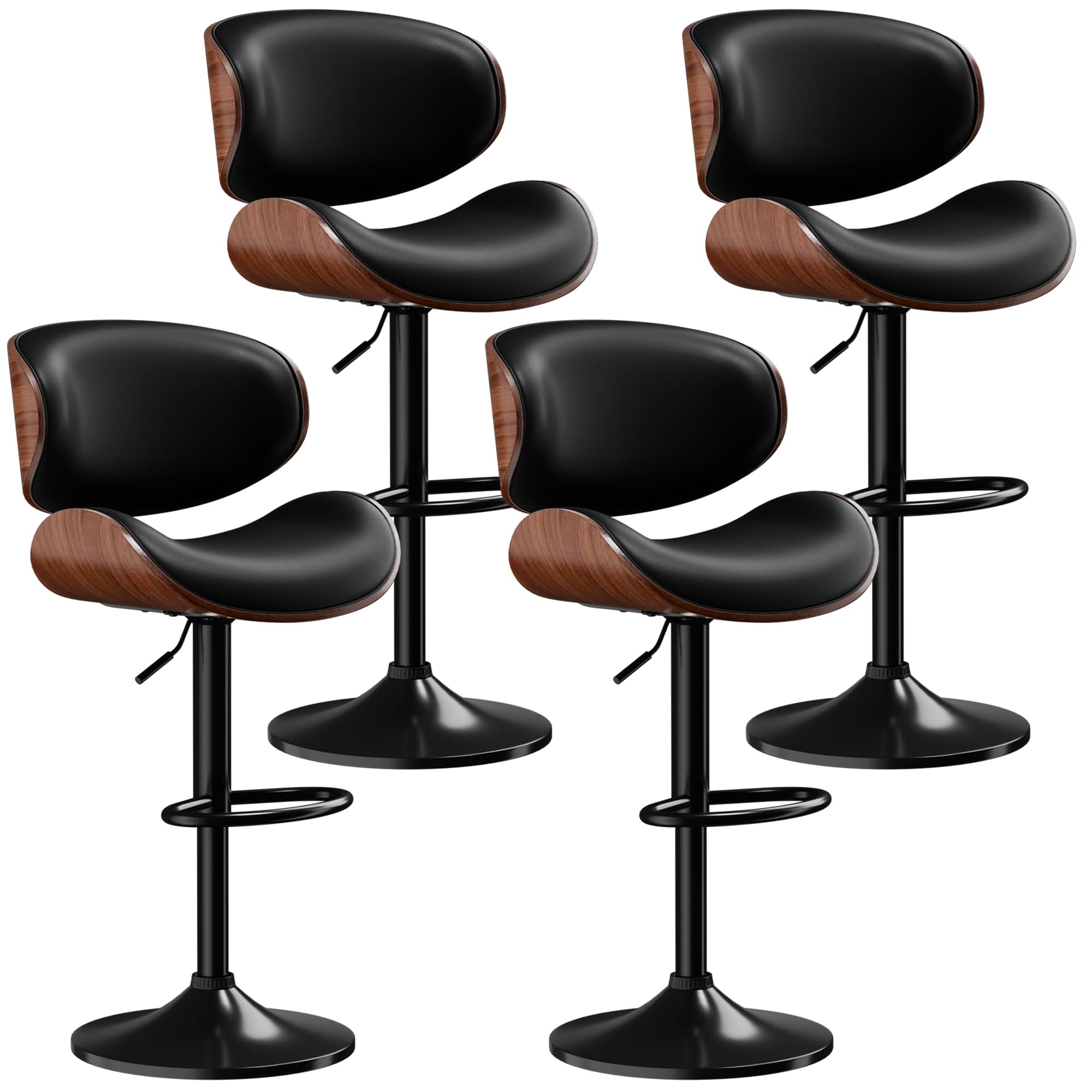 4-Piece Adjustable Swivel Bar Stools Set - Mid-Century Modern PU Leather Counter Height Bar Stools with Back for Kitchen Island, Dining Bar & Home Decor (Black)